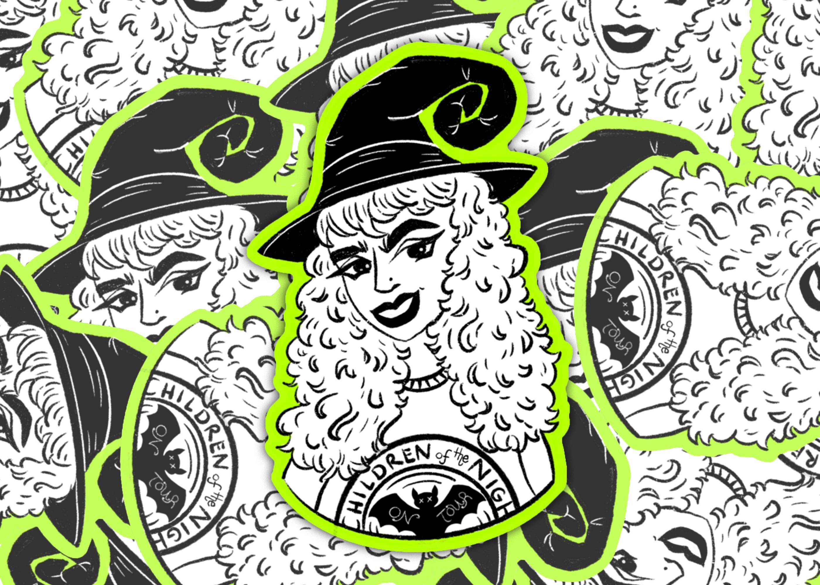 Witch Sticker Cute Girly Illustration Black White and Lime Green decal for laptop cover kindle case sticker gift idea for girl friend ST051