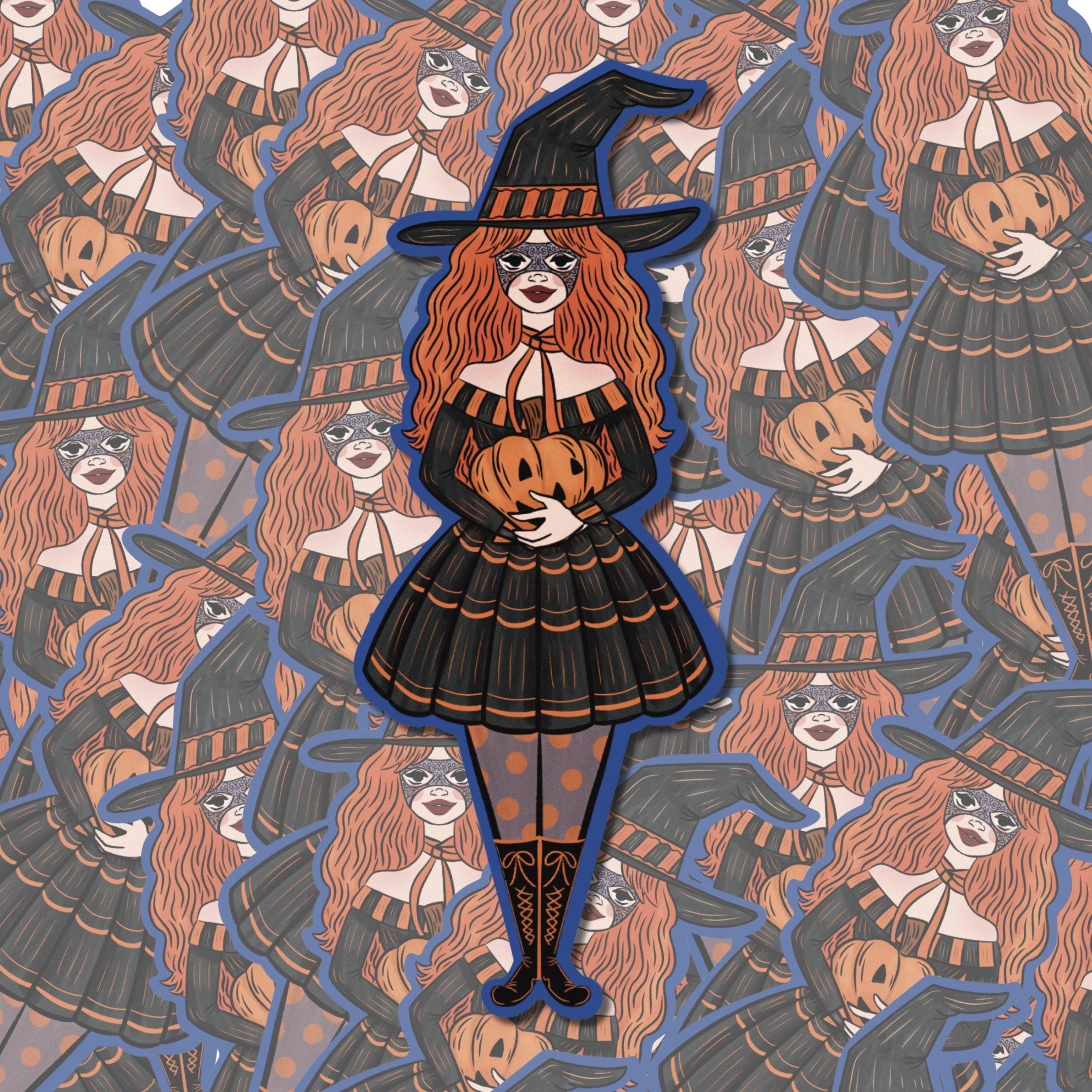Witch Girl With Mask Holding a Pumpkin Sticker Retro Cute Illustration made of Waterproof Matte Vinyl ST048