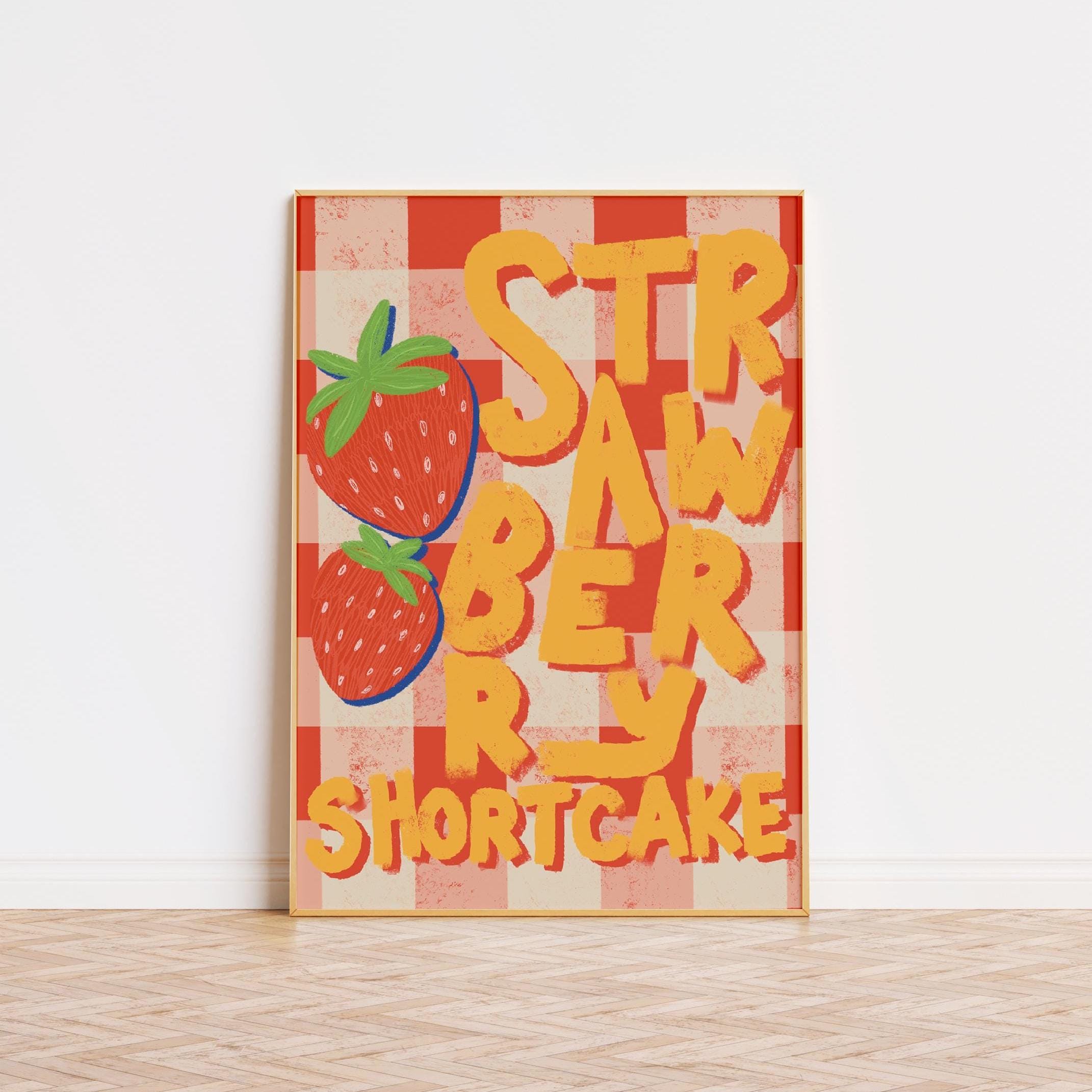 Strawberry Shortcake Kitchen Art Print Retro Printable Wall Art Gingham Fruit Poster Cute Dessert for Playful Kitchen Decor Instant Download