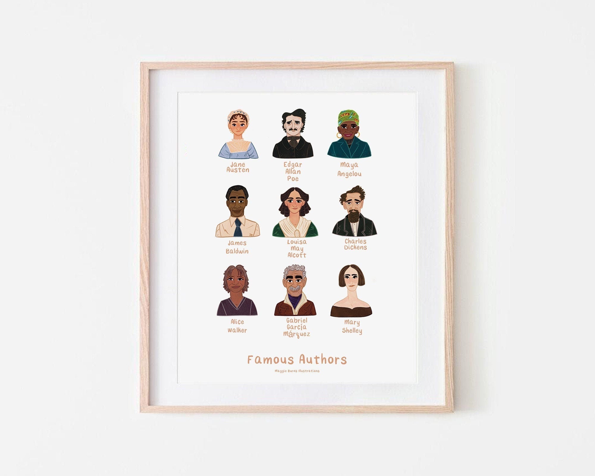 Famous Authors Edgar Allen Poe Jane Austen Maya Angelou Children's Room Storybook Illustration Style Art Print Wall Decor AP002