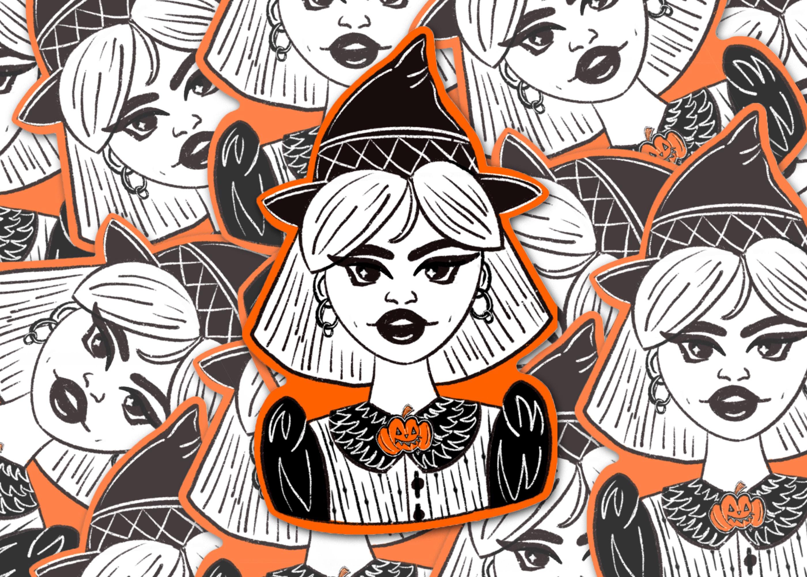 Witch Sticker Orange Black and White Illustration of Cute Witch Sticker for Laptop Journaling and Scrapbooking Gift Idea for Friend ST050