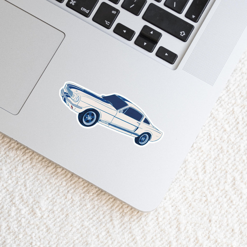 1967 Mustang Coupe Sticker: Blue Racing Stripes, Classic Car Art Race Car Enthusiast Illustration Waterproof Matte Vinyl Decal ST133