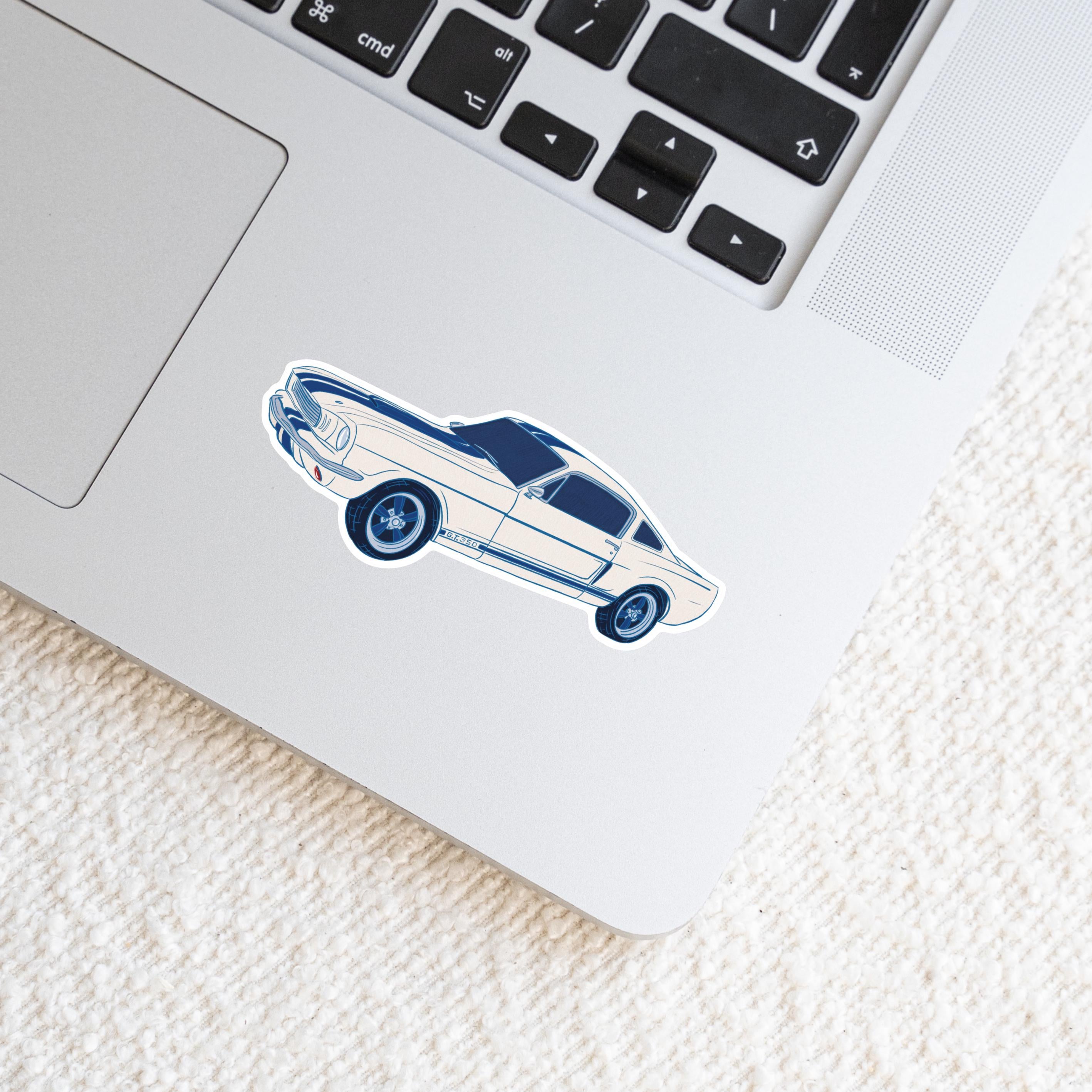 1967 Mustang Coupe Sticker: Blue Racing Stripes, Classic Car Art Race Car Enthusiast Illustration Waterproof Matte Vinyl Decal ST133