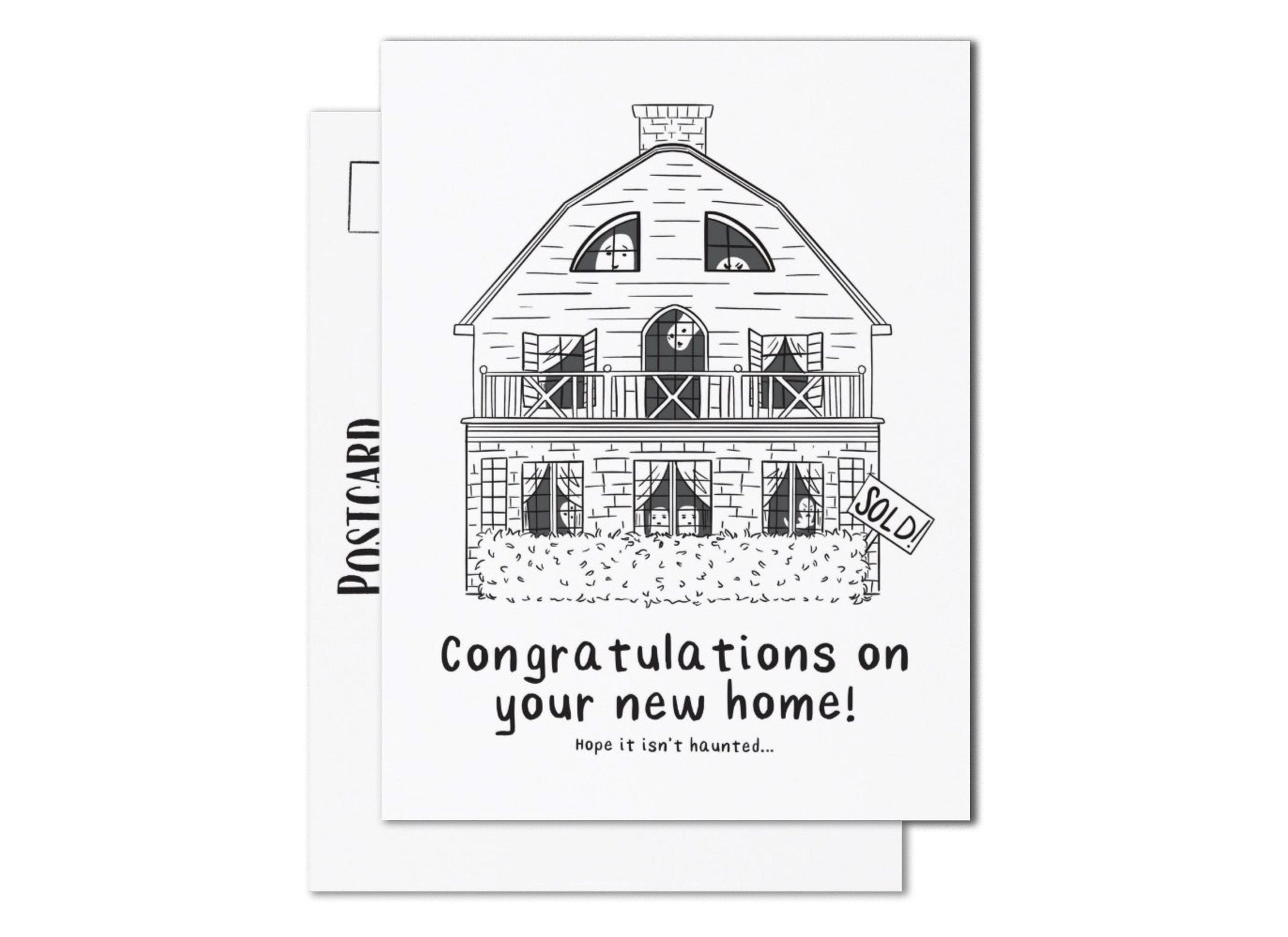 Congrats on Your New Home Postcard for new house congratulations greeting card haunted house with cute ghosts funny handwritten housewarming