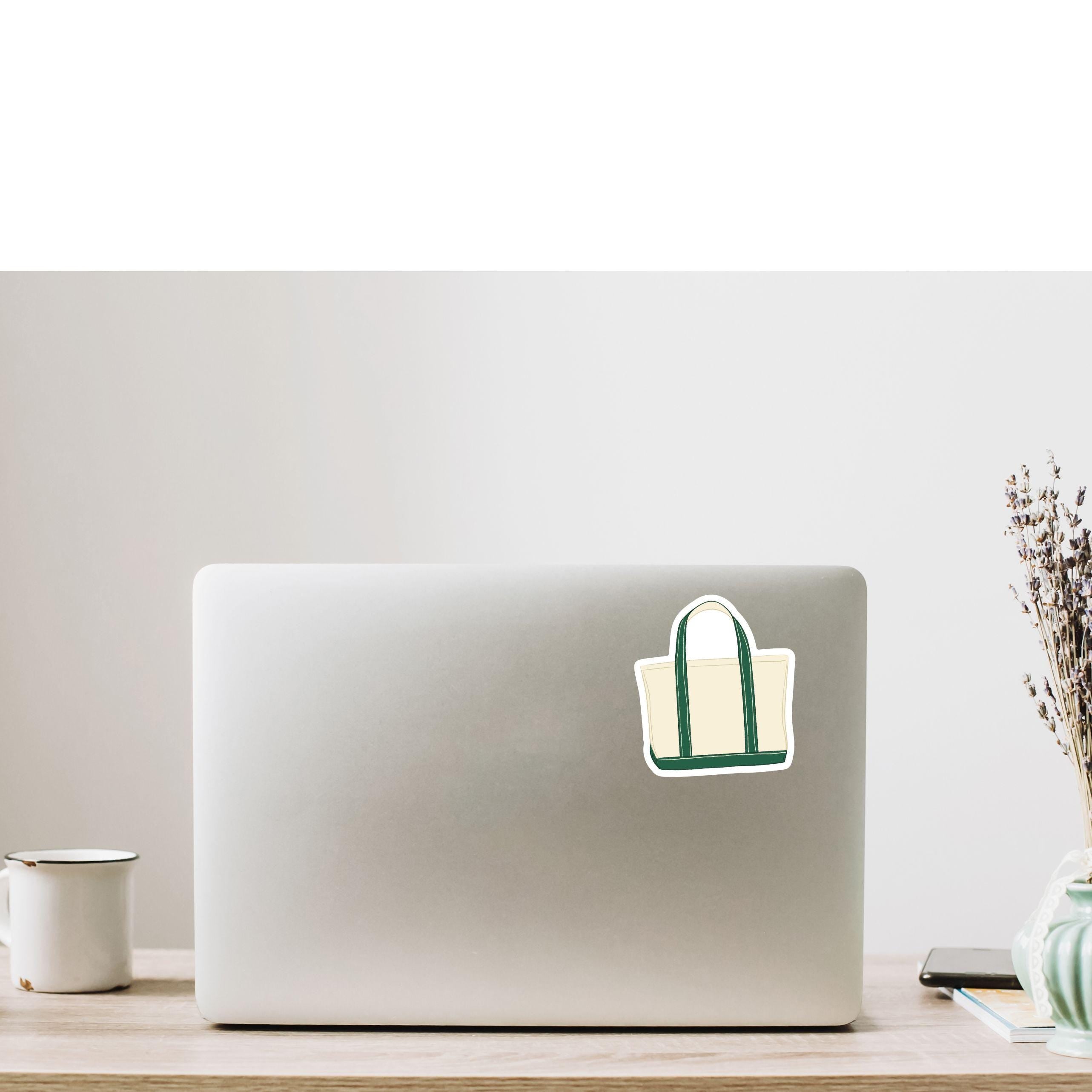 Canvas Tote Bag Sticker Green and Cream Illustrated Waterproof Vinyl Decal for Journals Laptops Water Bottles Preppy Coastal Aesthetic ST125