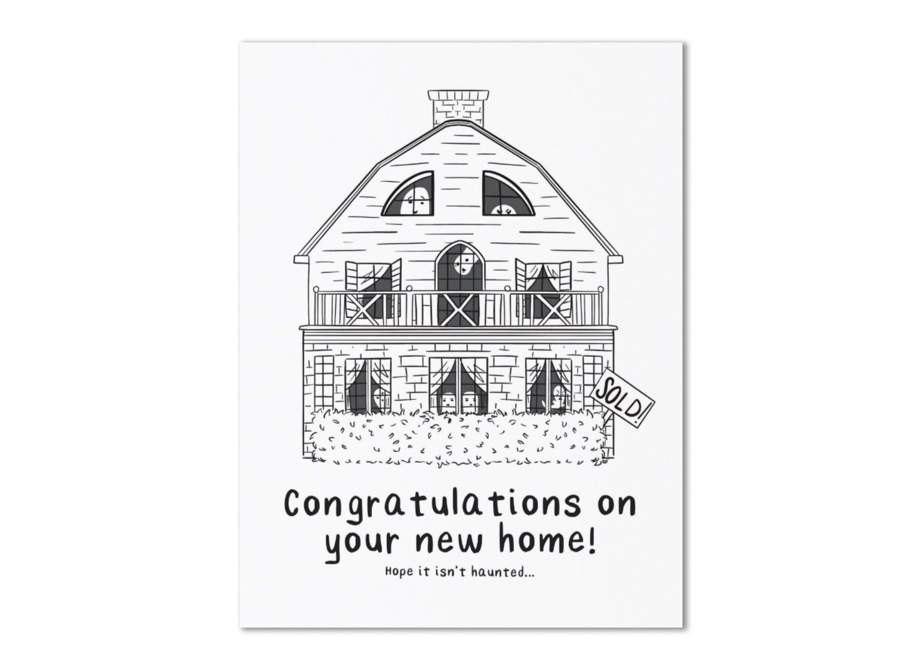 Congrats on Your New Home Postcard for new house congratulations greeting card haunted house with cute ghosts funny handwritten housewarming