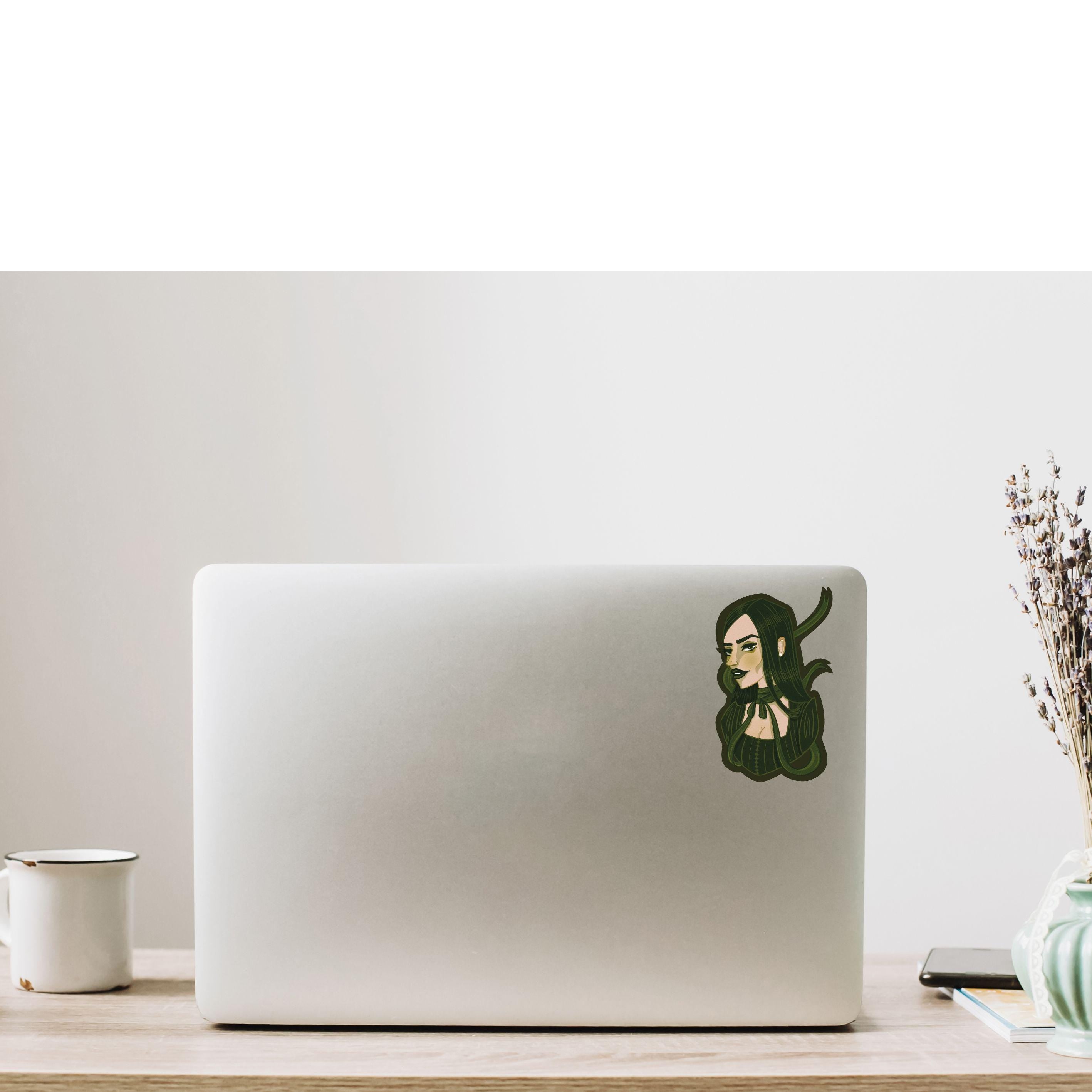 Girl with Green Ribbon Sticker: Illustrated Spooky Gothic Horror Waterproof Matte Vinyl Decal ST013