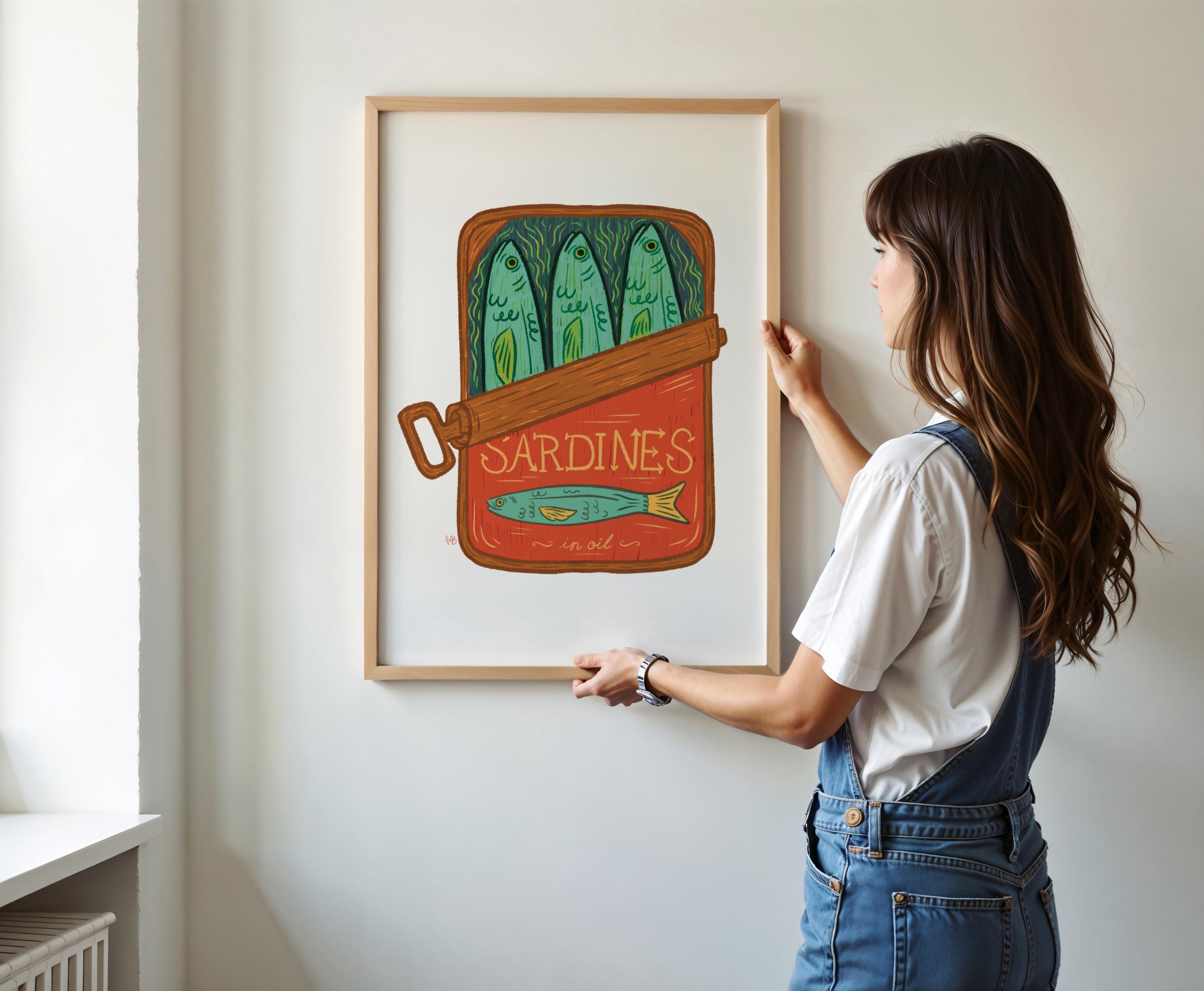 Sardines in a Tin Art Print Retro Fish Kitchen Decor Quirky Wall Art Food Illustration Instant Printable Vintage Pantry Aesthetic Artwork