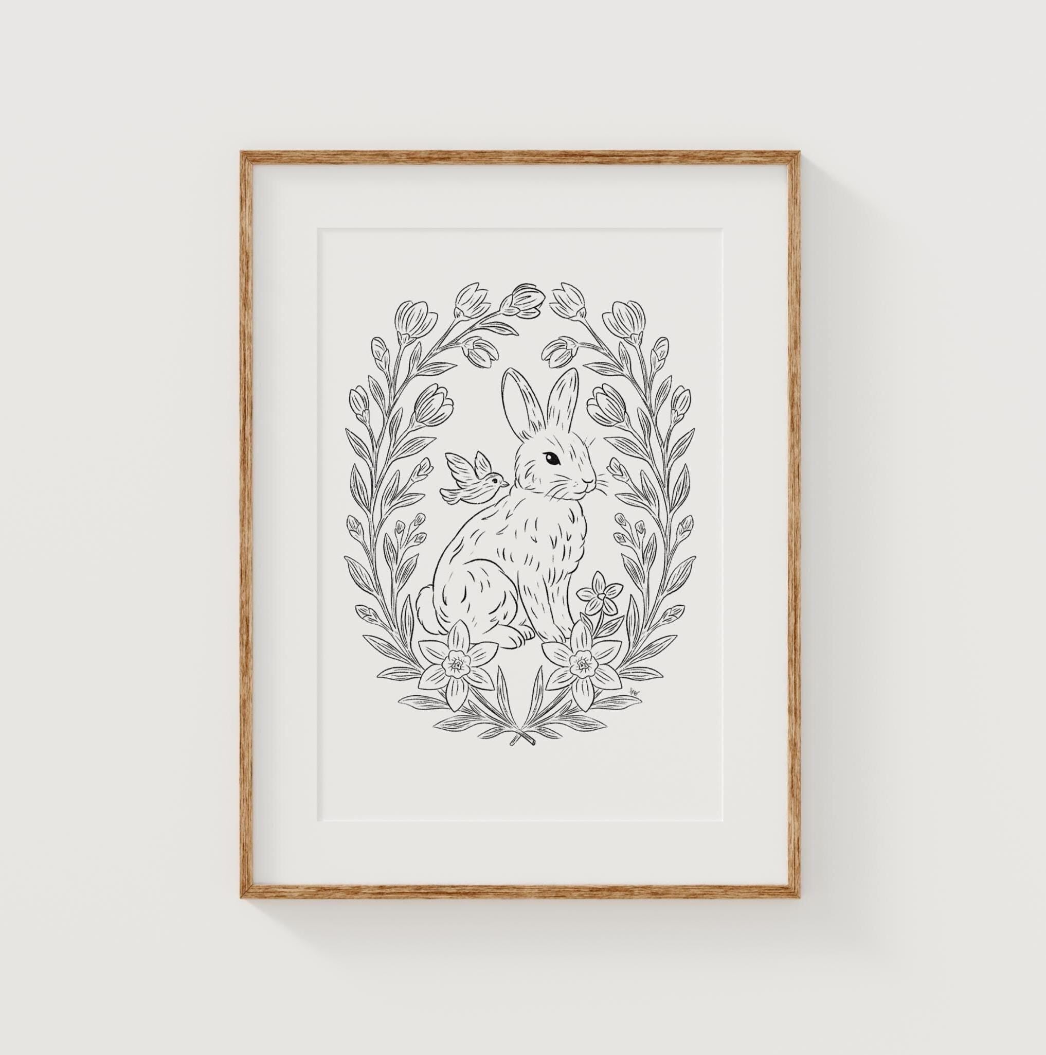 Adorable Spring Bunny Printable Wall Art Digital Download Whimsical Floral Rabbit Drawing Nursery Decor Cottagecore Bird Easter Aesthetic z