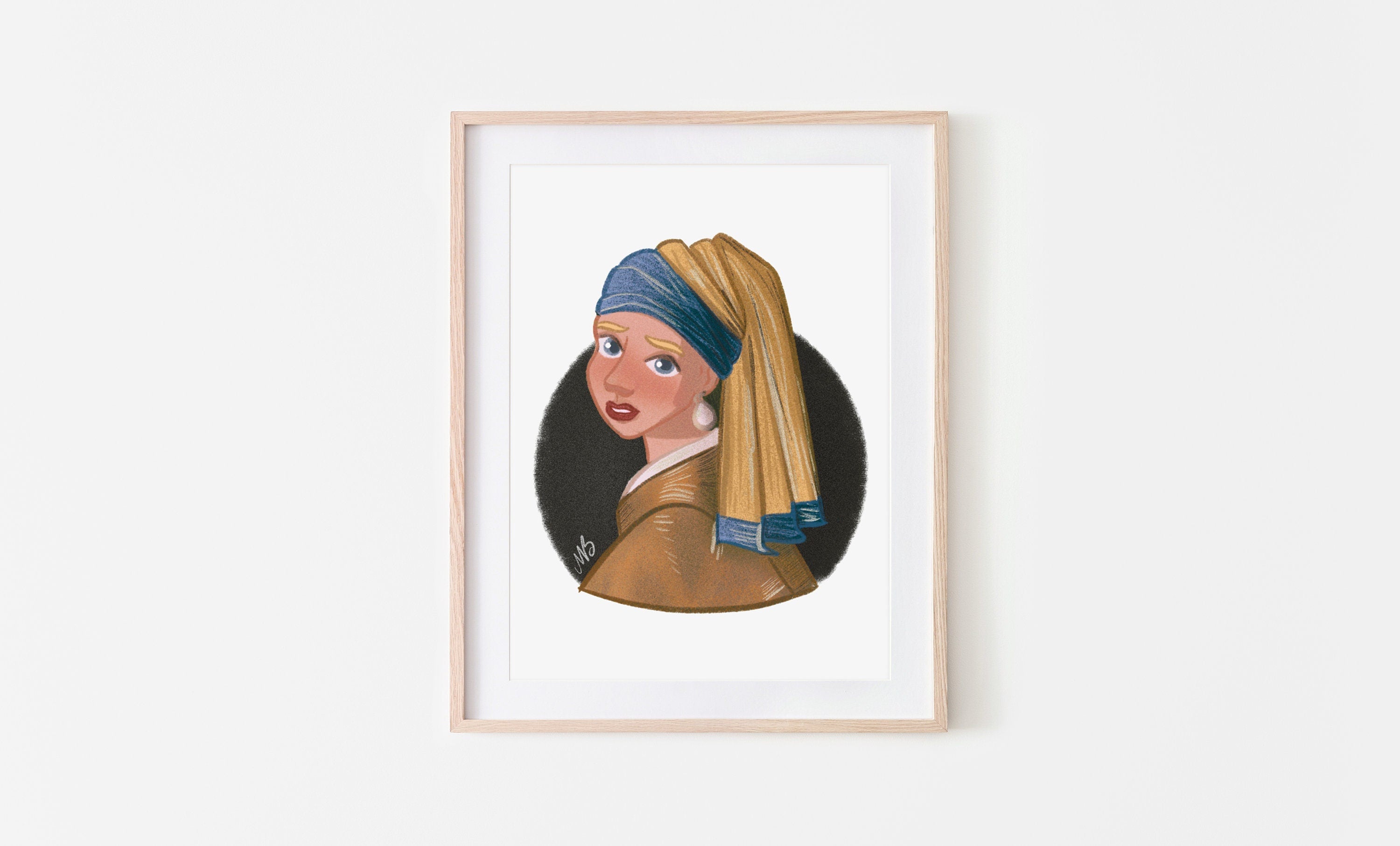 Girl with a Pearl Earring Illustrated Art Print Home Decor Artist Childrens Room Decor Illustration Wall Hanging Classic Reimagined Portrait