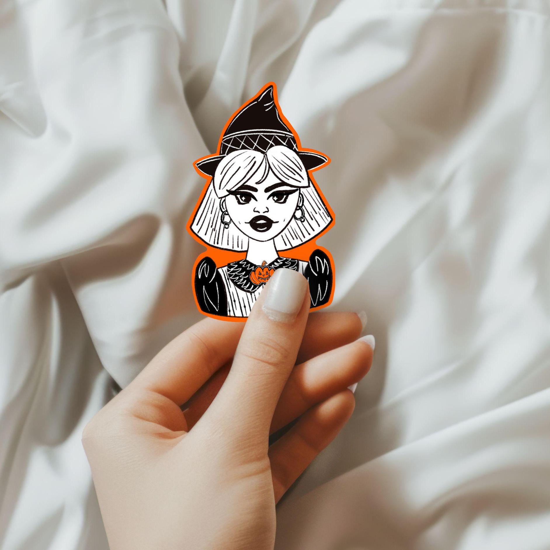 Witch Sticker Orange Black and White Illustration of Cute Witch Sticker for Laptop Journaling and Scrapbooking Gift Idea for Friend ST050