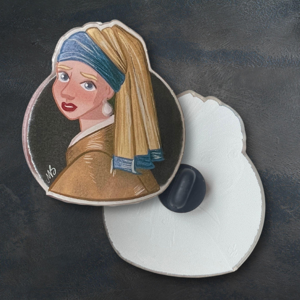 Girl with Pearl Earring Illustration Acrylic Pin Vermeer Art Lover Gift Idea For Teacher Fashion Pin Museum Quality Art Piece Classic Style