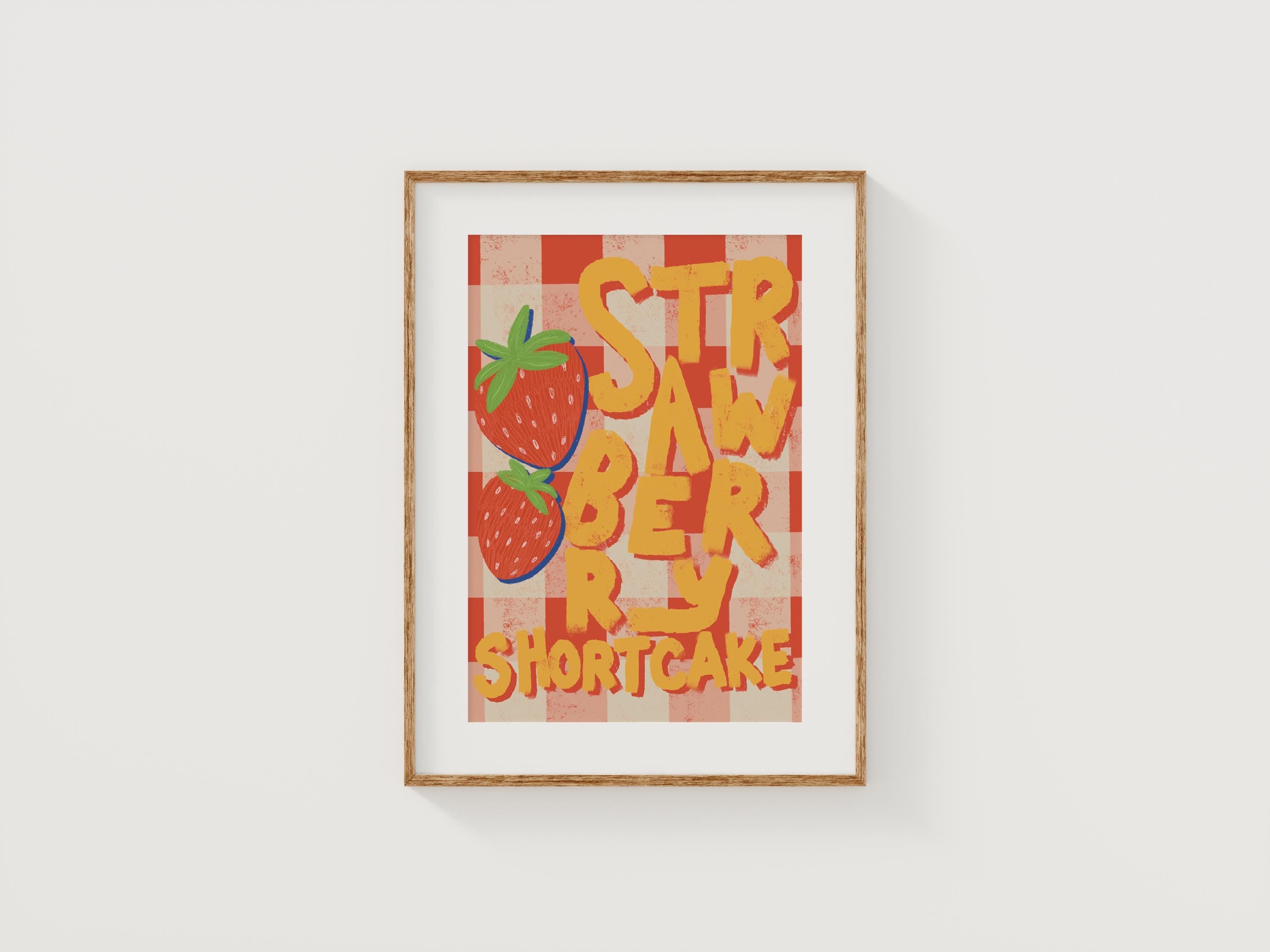 Strawberry Shortcake Kitchen Art Print Retro Printable Wall Art Gingham Fruit Poster Cute Dessert for Playful Kitchen Decor Instant Download