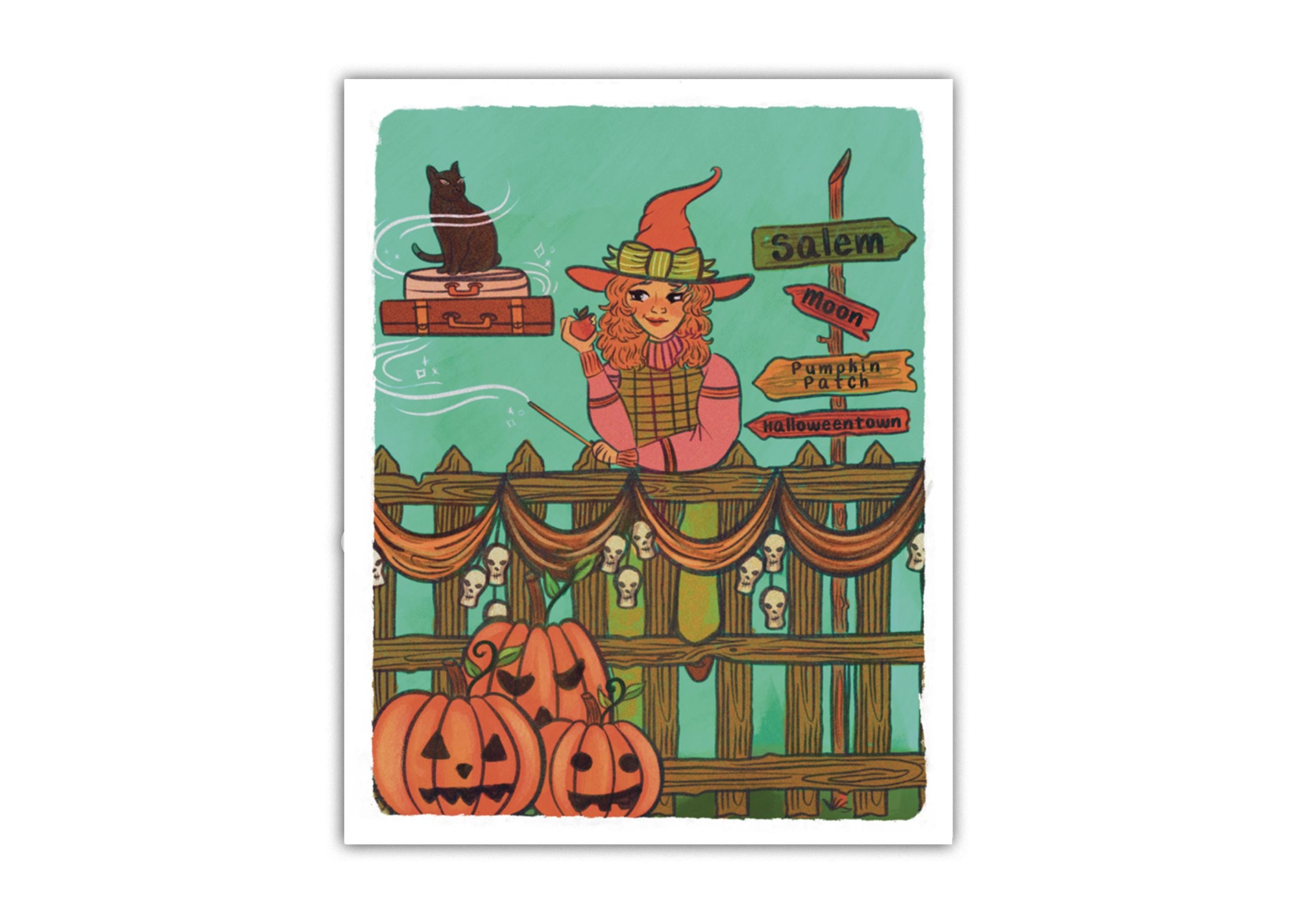 Stop on the way to Salem Illustration with a witch black cat pumpkins cottagecore autumal fall cozy sweater Waterproof Sticker Decal ST071