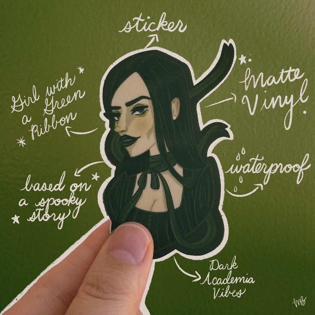 Girl with Green Ribbon Sticker: Illustrated Spooky Gothic Horror Waterproof Matte Vinyl Decal ST013