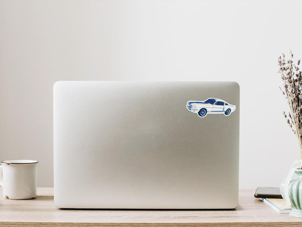 1967 Mustang Coupe Sticker: Blue Racing Stripes, Classic Car Art Race Car Enthusiast Illustration Waterproof Matte Vinyl Decal ST133