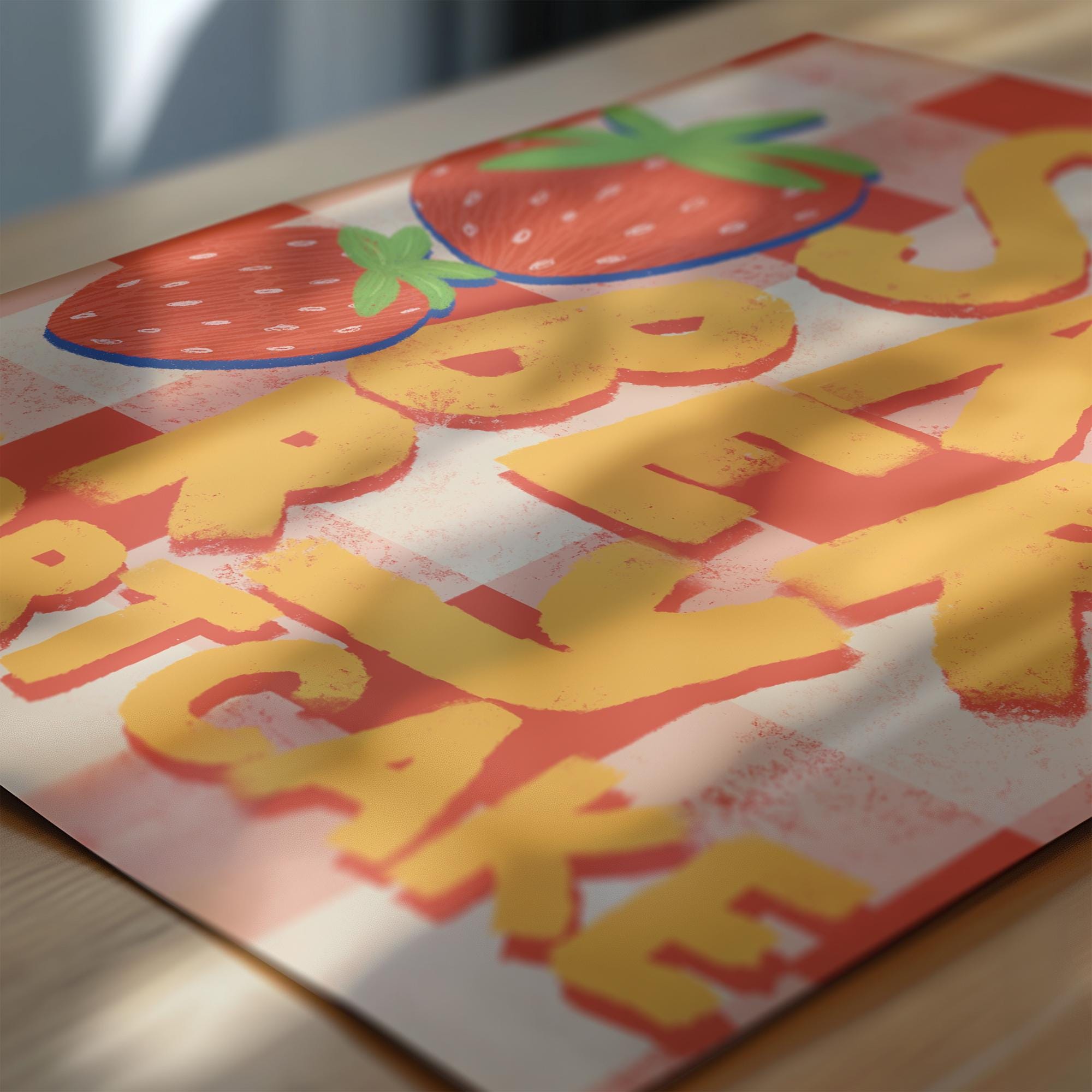 Strawberry Shortcake Kitchen Art Print Retro Printable Wall Art Gingham Fruit Poster Cute Dessert for Playful Kitchen Decor Instant Download