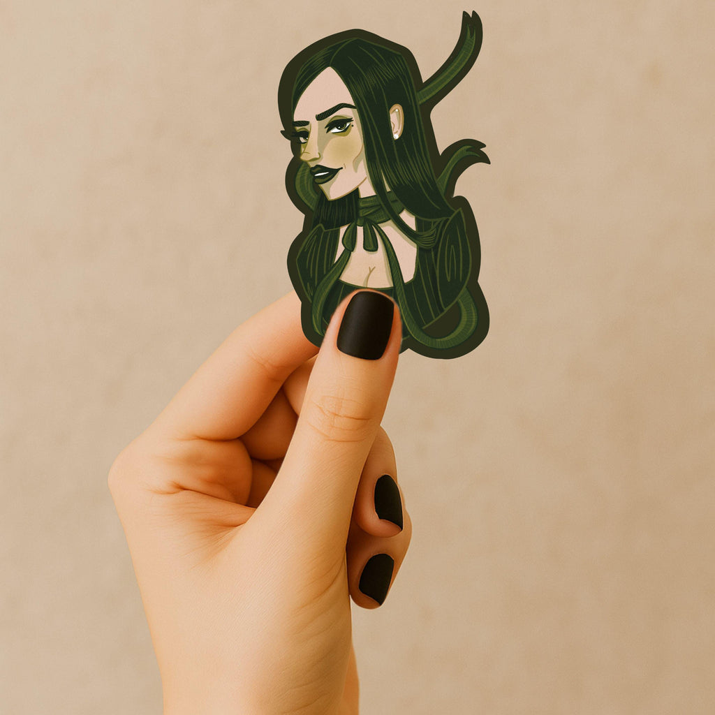 Girl with Green Ribbon Sticker: Illustrated Spooky Gothic Horror Waterproof Matte Vinyl Decal ST013