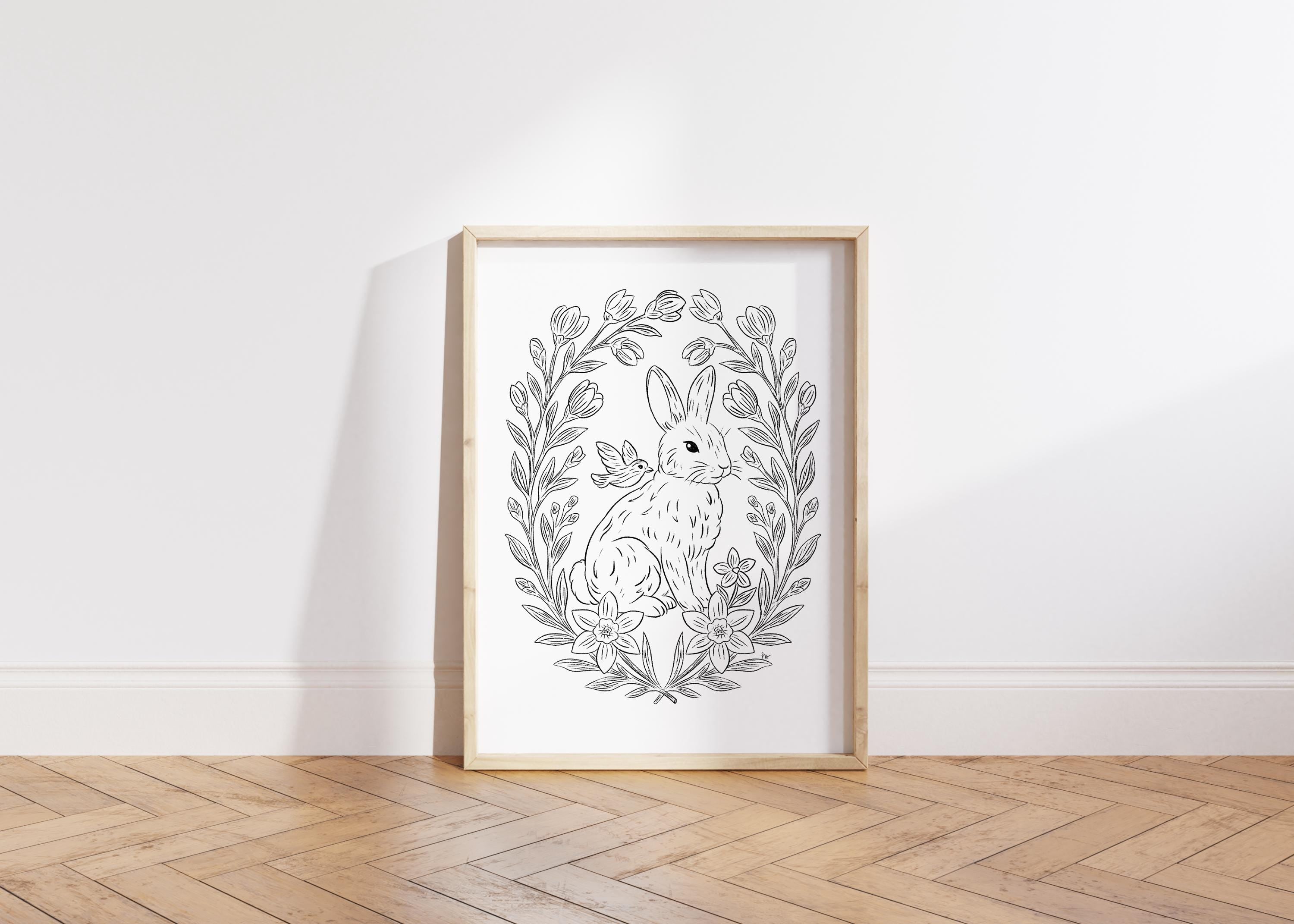 Adorable Spring Bunny Printable Wall Art Digital Download Whimsical Floral Rabbit Drawing Nursery Decor Cottagecore Bird Easter Aesthetic z