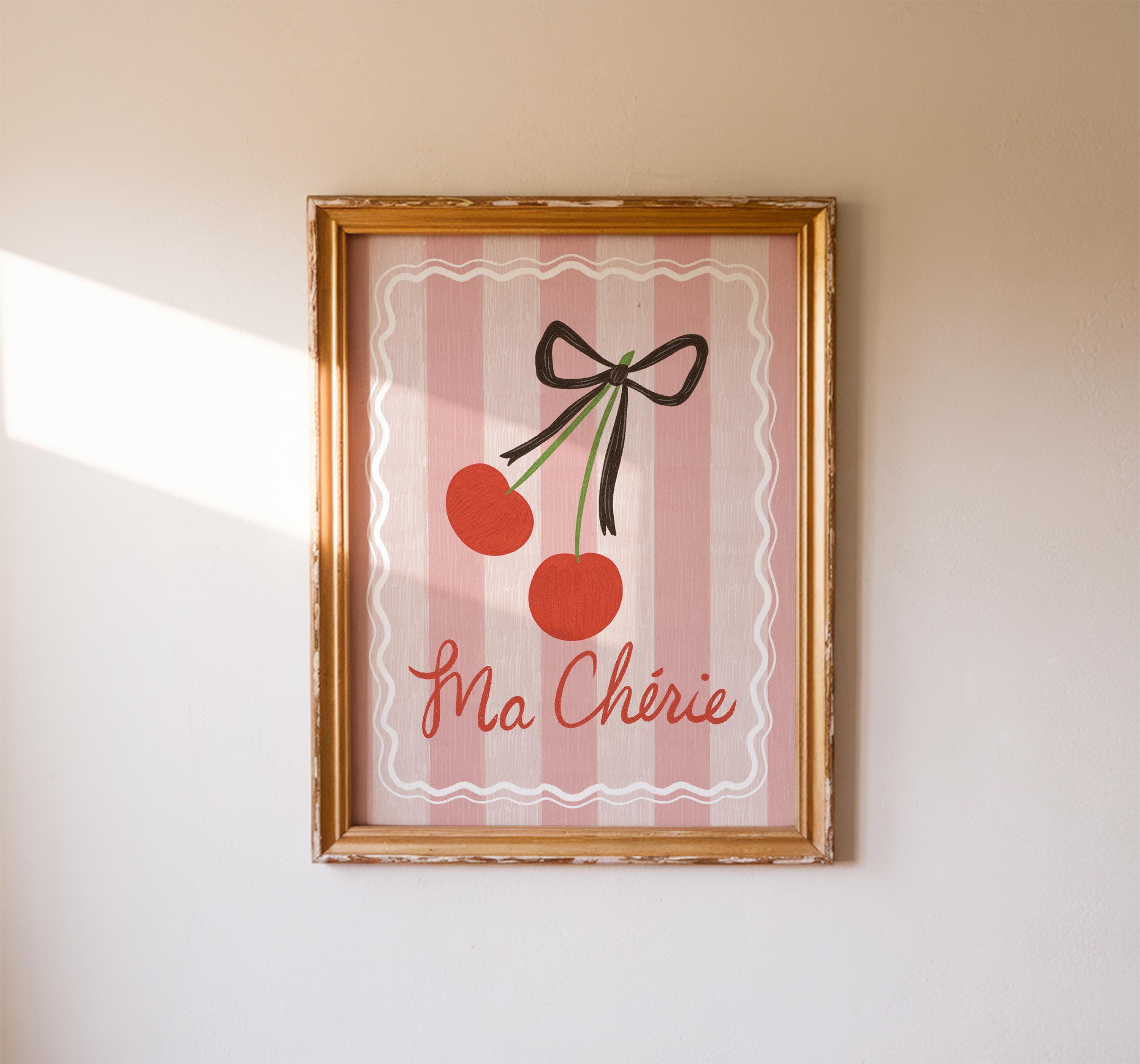 Cherry Art Print Digital Download Ma Cherie Charming Cherry Illustration Coquette Bow Gallery Wall Artwork Retro French Cottage Aesthetic