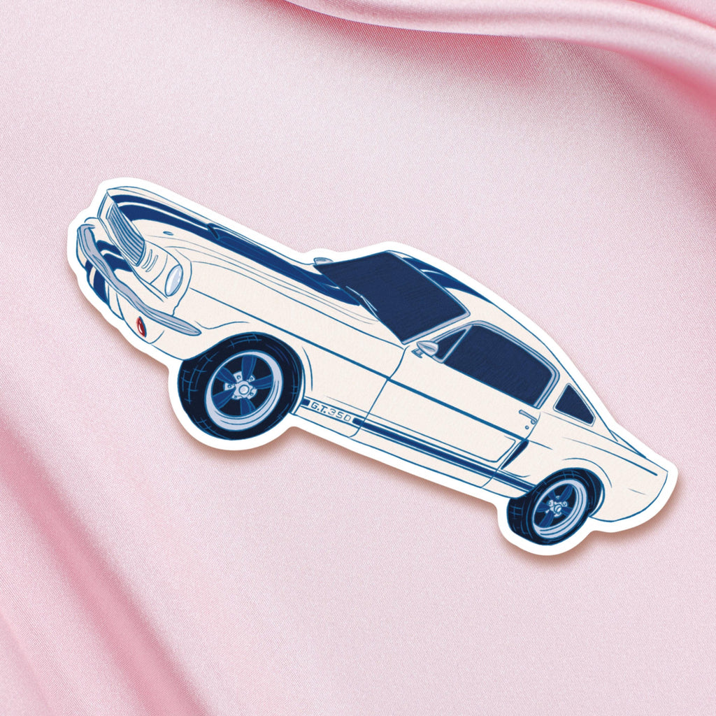 1967 Mustang Coupe Sticker: Blue Racing Stripes, Classic Car Art Race Car Enthusiast Illustration Waterproof Matte Vinyl Decal ST133