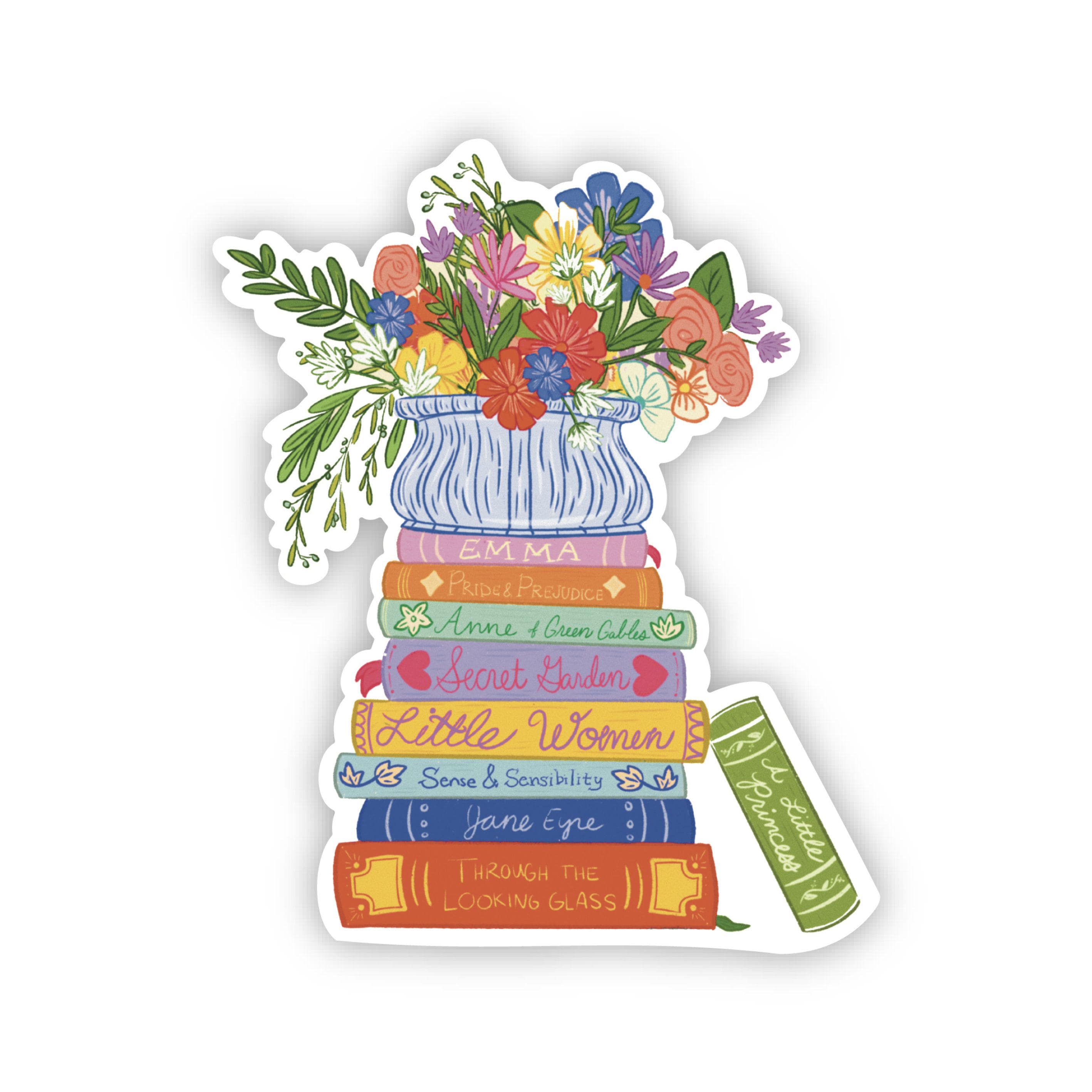 Classic Book Stack Sticker Illustrated Floral Literary Vinyl Decal Cozy Cottagecore Aesthetic Book Lover Gift Idea Jane Austen Reader ST121