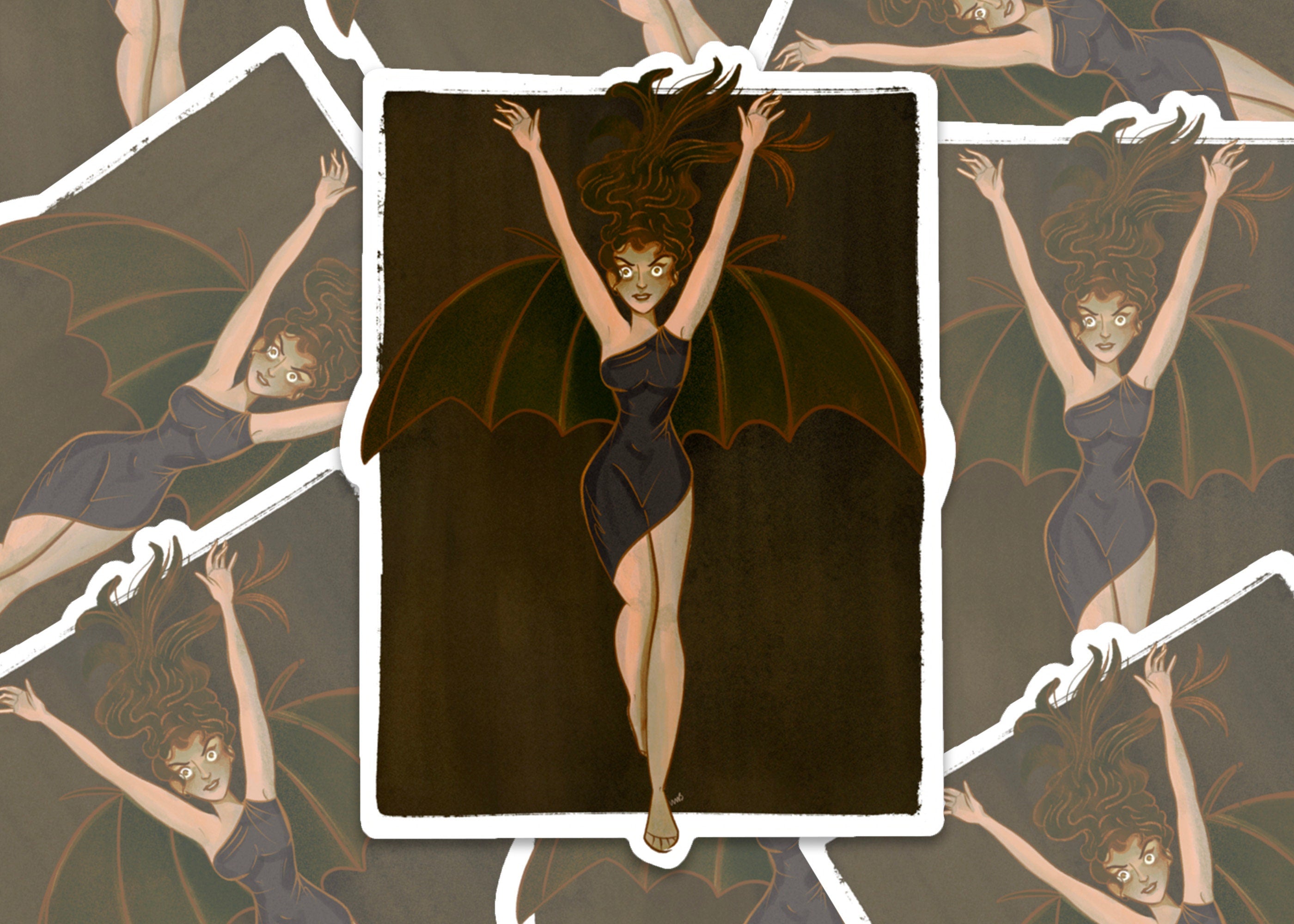 Wicked Woman Spooky Sexy Winged Bat Monster Gorgon Horror Vamp Vixen Brown Cream Halloween Vinyl Water-proof Sticker Decal ST034