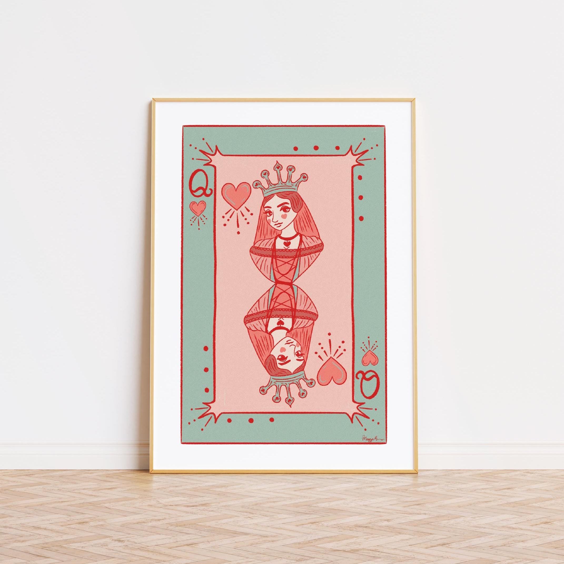 Queen of Hearts Instant Download Art Print Playing Card Illustration for Home Gallery Wall Decor Eclectic Feminine Decor Girls Bedroom Style