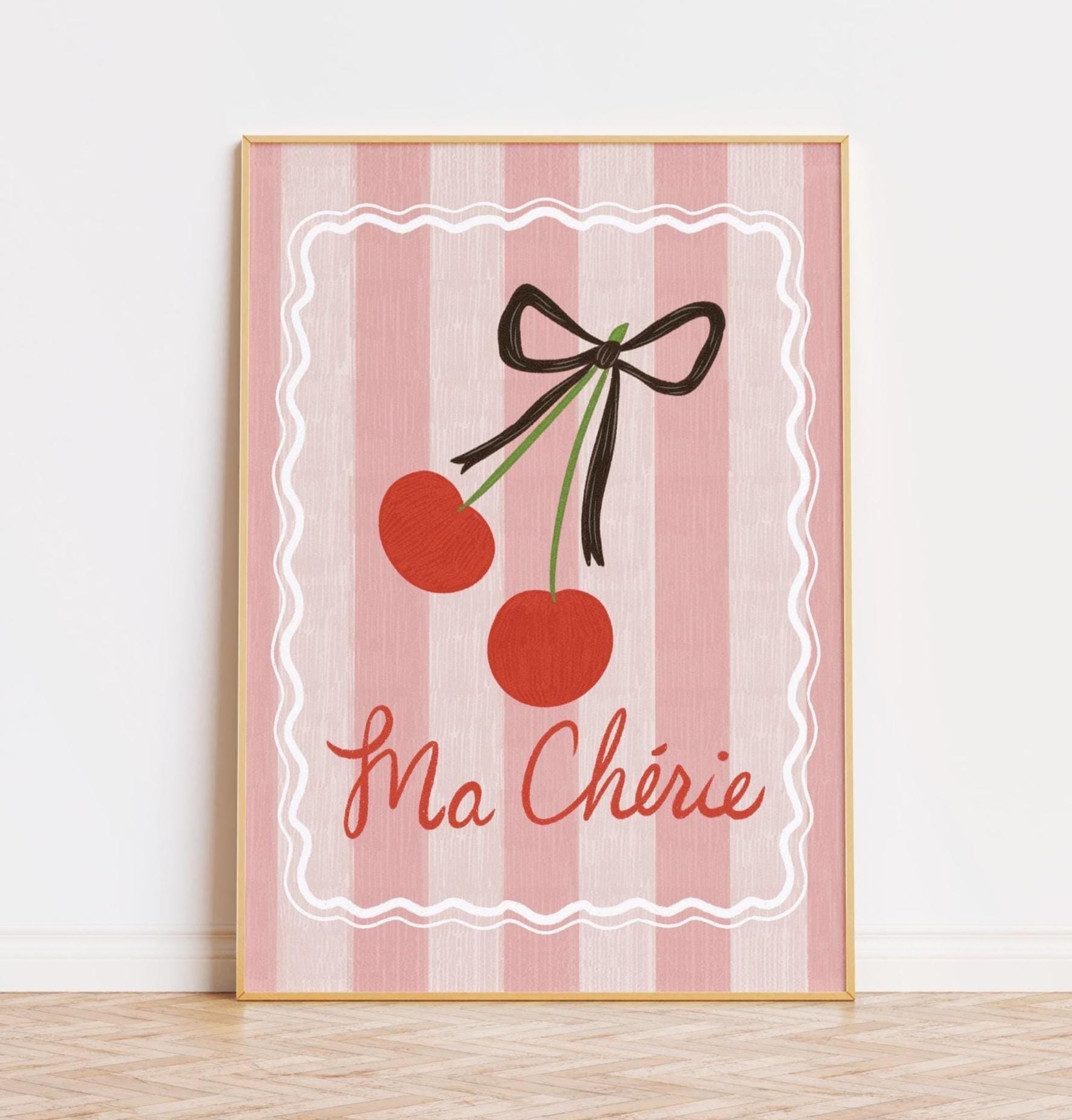 Cherry Art Print Digital Download Ma Cherie Charming Cherry Illustration Coquette Bow Gallery Wall Artwork Retro French Cottage Aesthetic