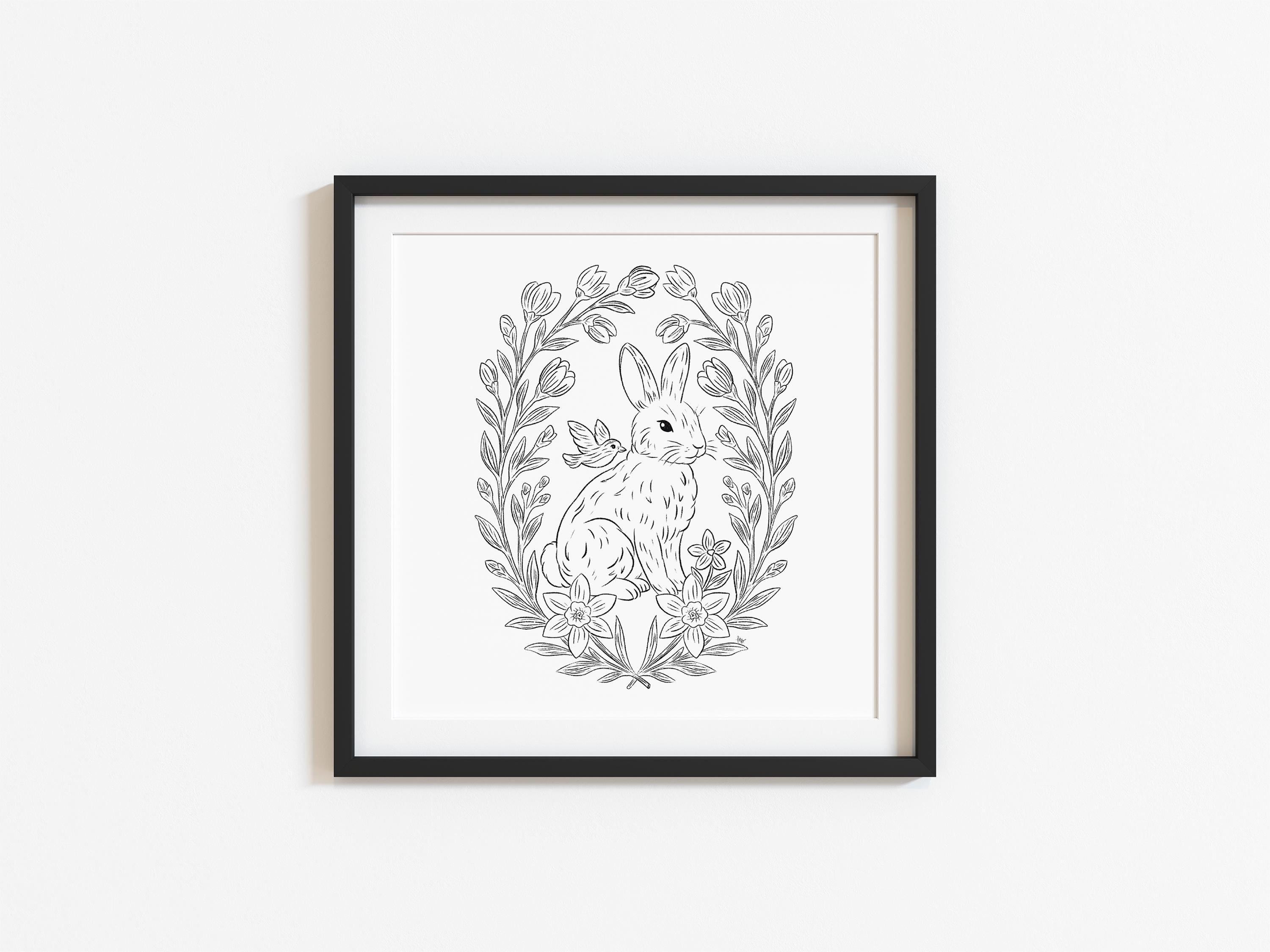 Adorable Spring Bunny Printable Wall Art Digital Download Whimsical Floral Rabbit Drawing Nursery Decor Cottagecore Bird Easter Aesthetic z