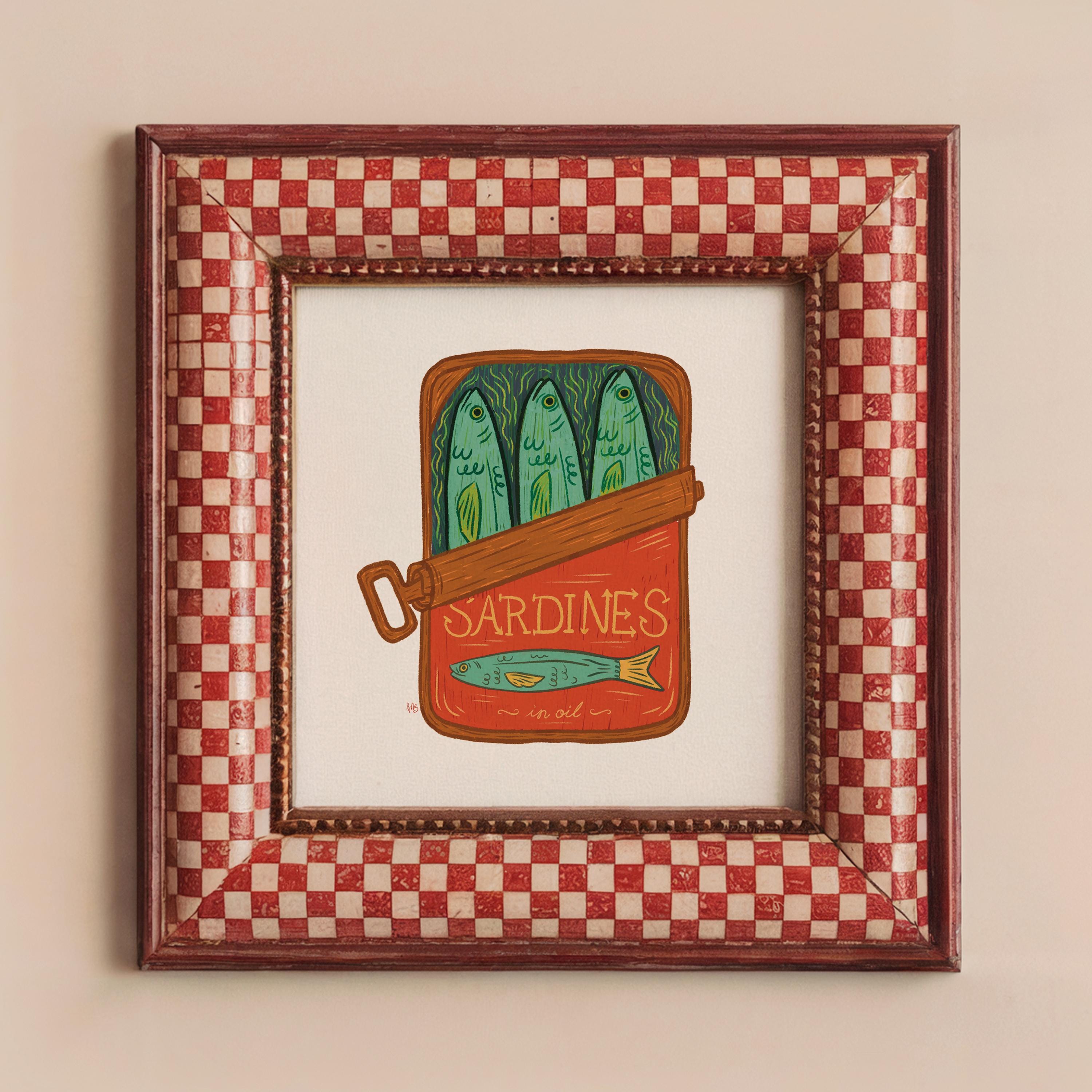 Sardines in a Tin Art Print Retro Fish Kitchen Decor Quirky Wall Art Food Illustration Instant Printable Vintage Pantry Aesthetic Artwork