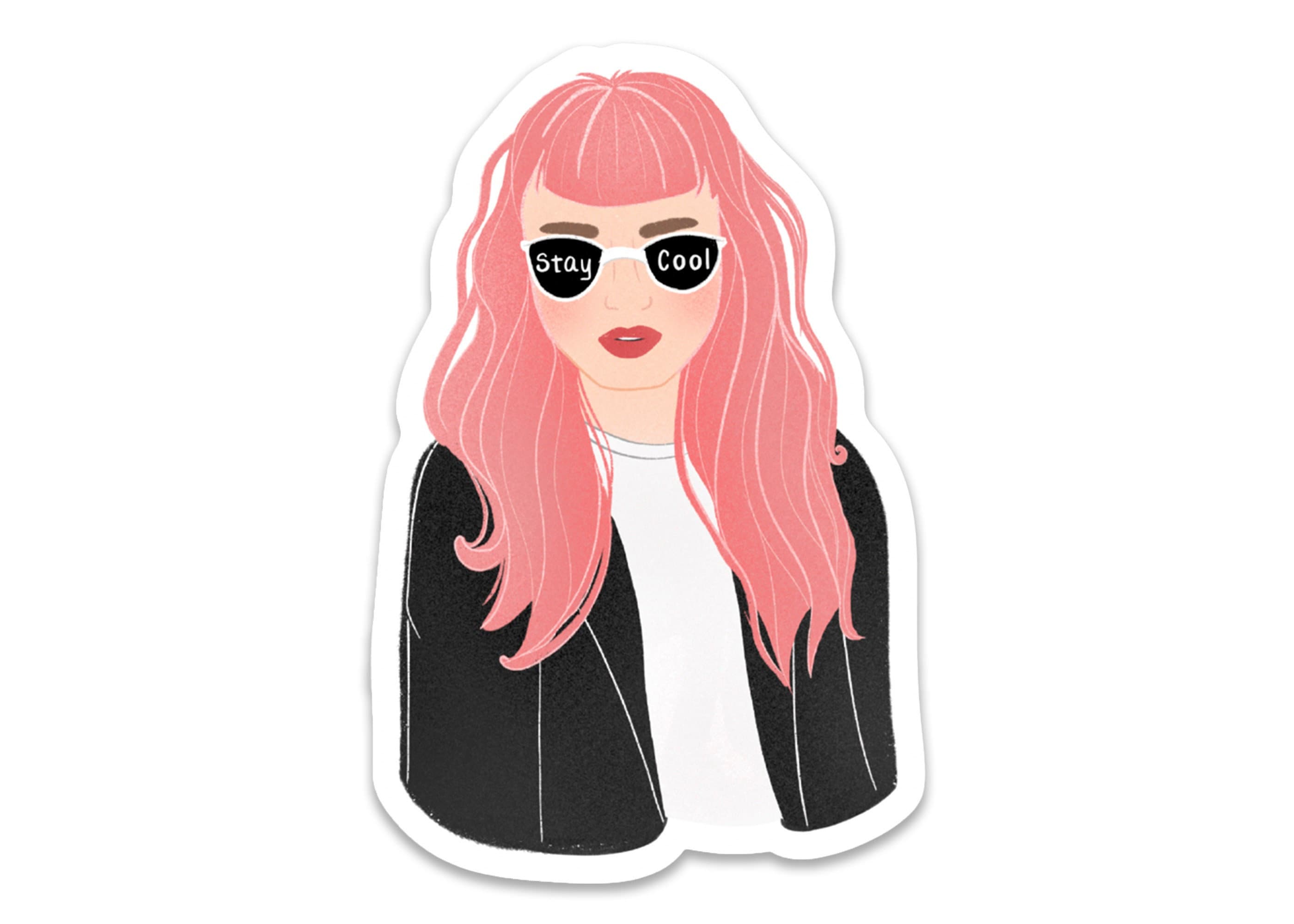 Pink Hair Leather Jacket Sticker: Illustrated Female Portrait Aesthetic Cool Girl Waterproof Matte Vinyl Decal ST036