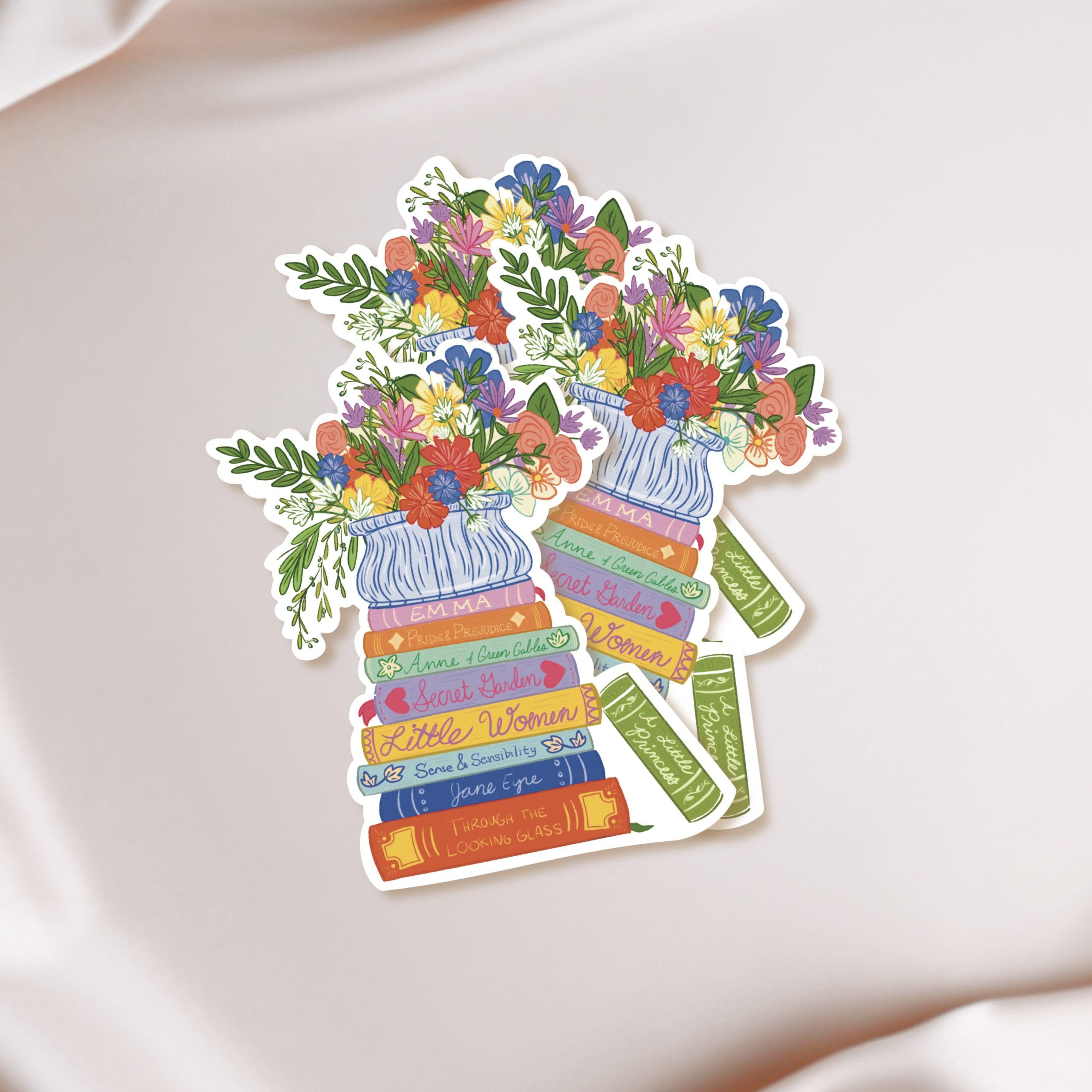 Classic Book Stack Sticker Illustrated Floral Literary Vinyl Decal Cozy Cottagecore Aesthetic Book Lover Gift Idea Jane Austen Reader ST121