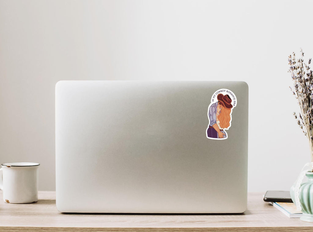 Cowboy Romance Era Sticker: Illustration of a Cowboy and Woman kissing and embracing Booktok Girlie Gift Waterproof Matte Vinyl Decal ST137