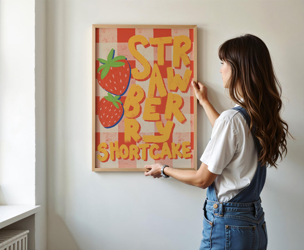 Strawberry Shortcake Kitchen Art Print Retro Printable Wall Art Gingham Fruit Poster Cute Dessert for Playful Kitchen Decor Instant Download