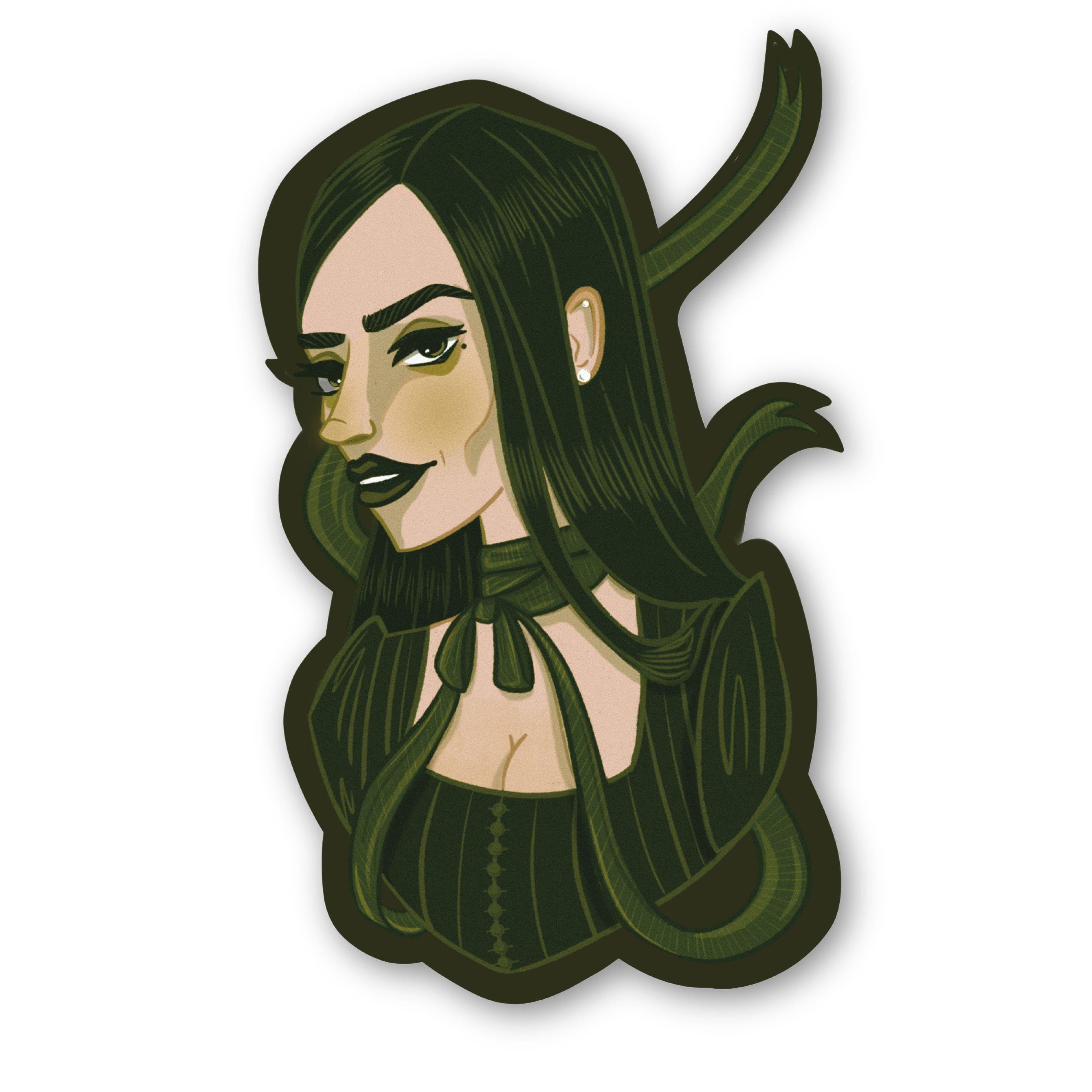 Girl with Green Ribbon Sticker: Illustrated Spooky Gothic Horror Waterproof Matte Vinyl Decal ST013