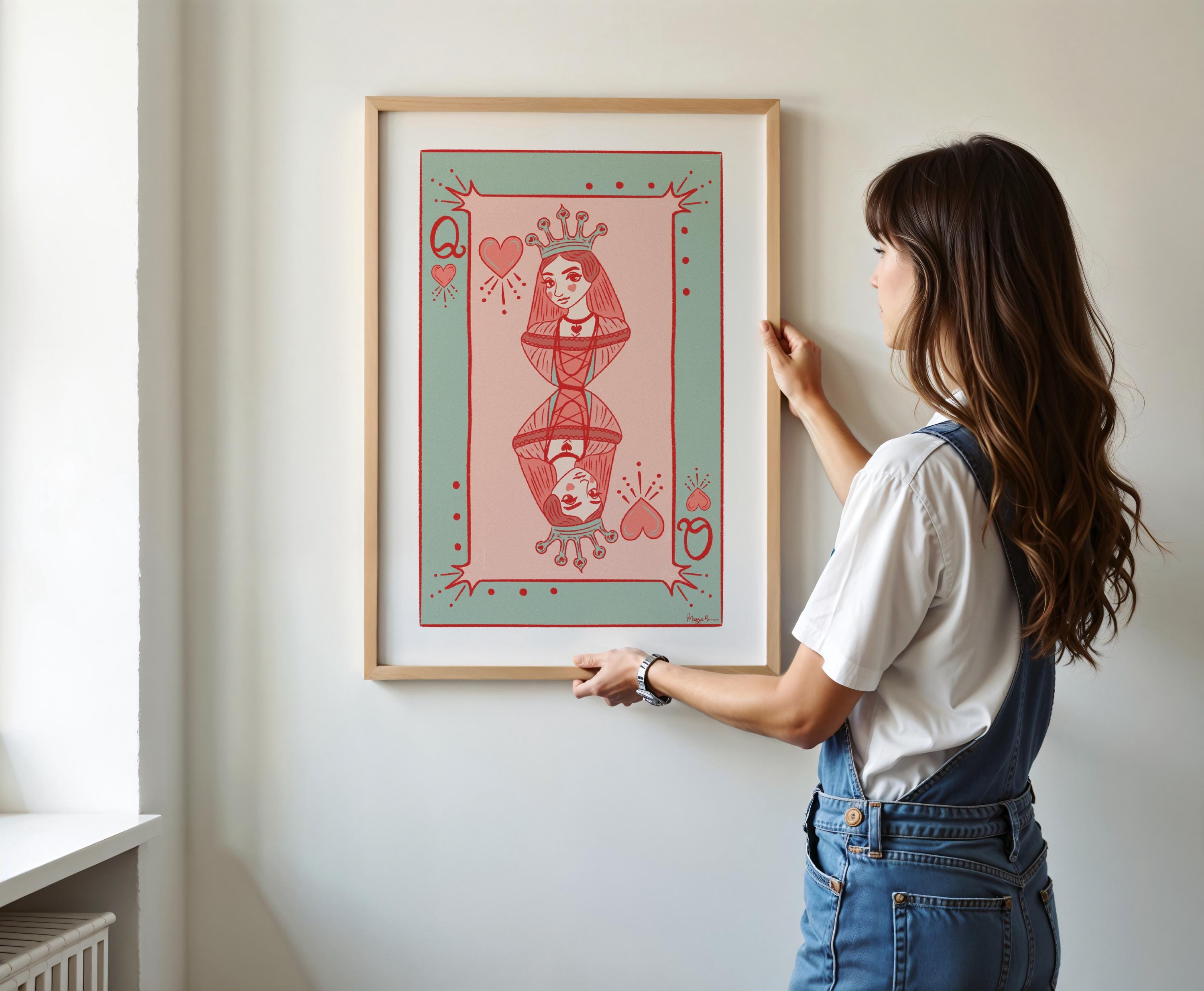 Queen of Hearts Instant Download Art Print Playing Card Illustration for Home Gallery Wall Decor Eclectic Feminine Decor Girls Bedroom Style
