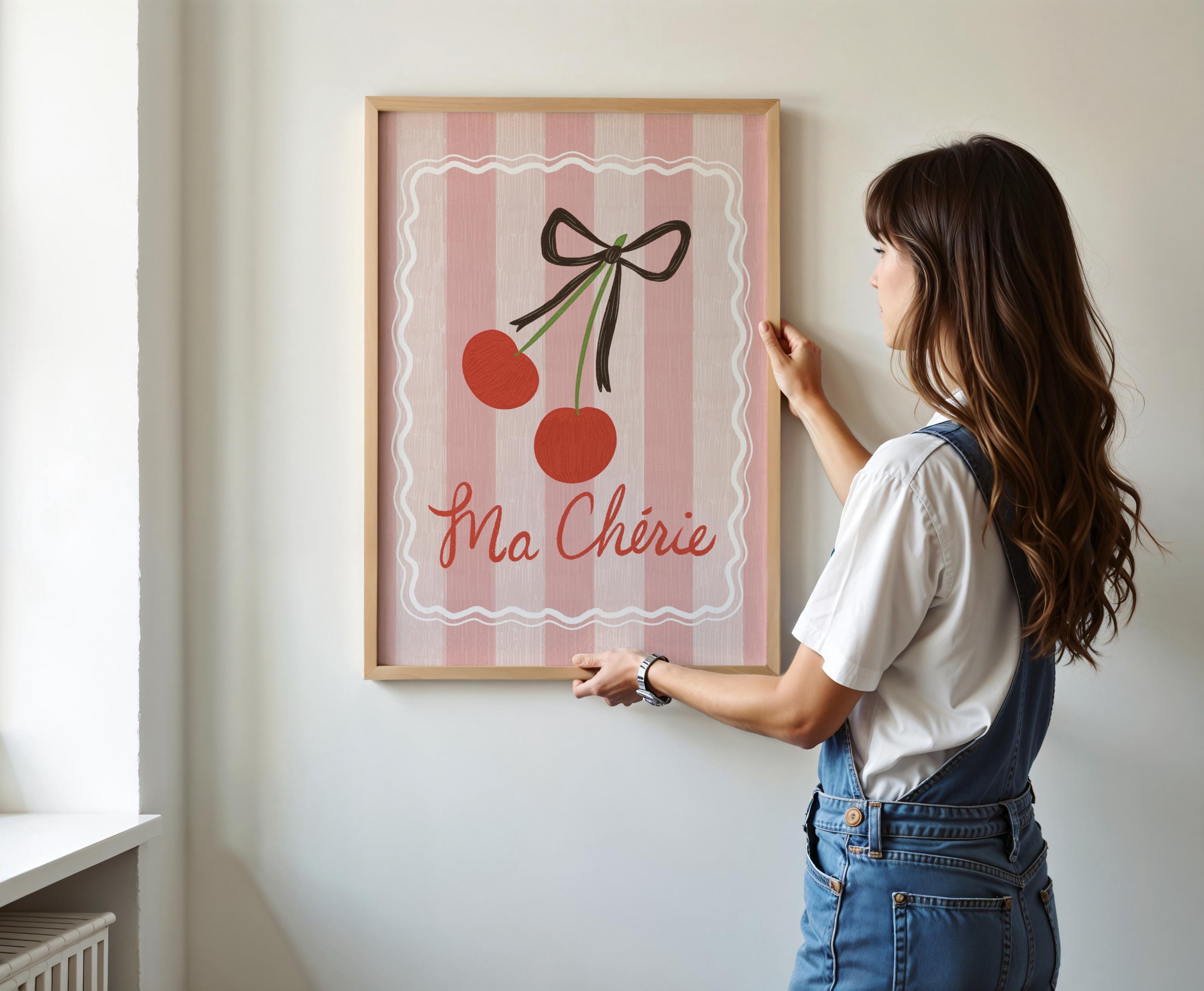 Cherry Art Print Digital Download Ma Cherie Charming Cherry Illustration Coquette Bow Gallery Wall Artwork Retro French Cottage Aesthetic