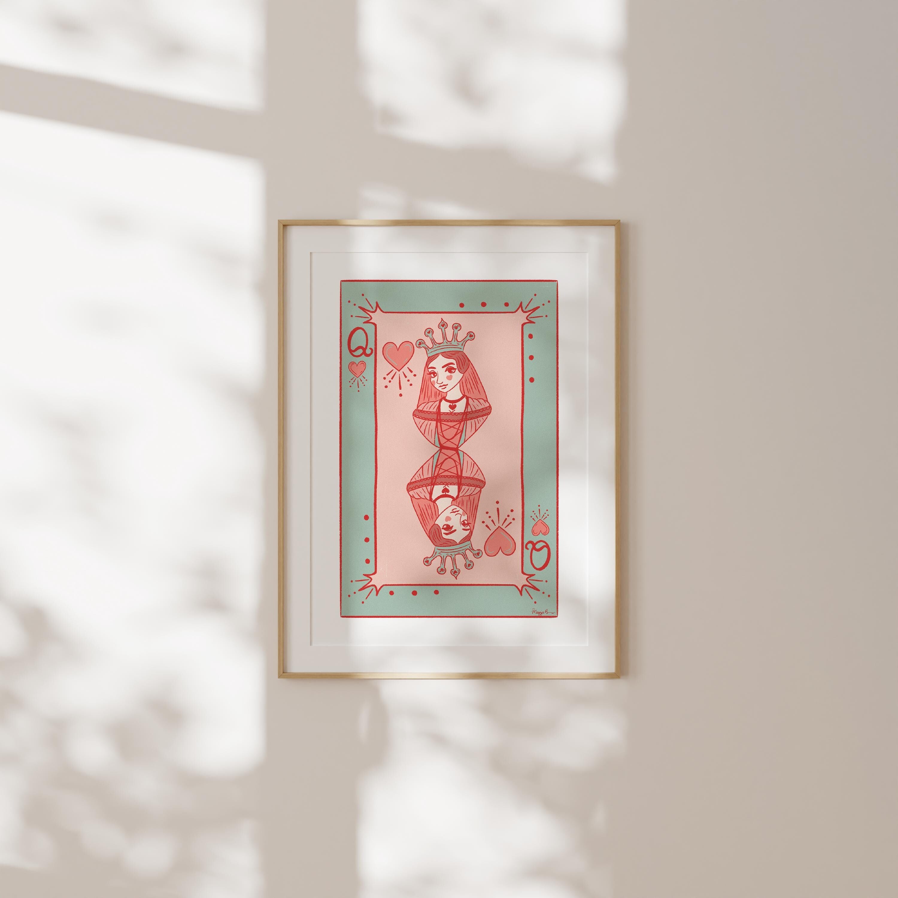 Queen of Hearts Instant Download Art Print Playing Card Illustration for Home Gallery Wall Decor Eclectic Feminine Decor Girls Bedroom Style