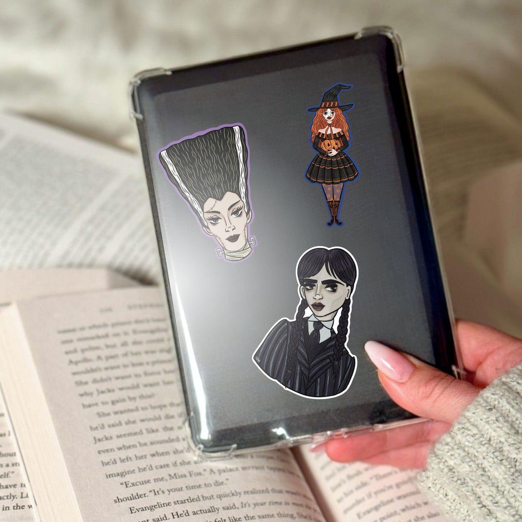 Witch Girl With Phantom of the Opera Mask Holding a Pumpkin Sticker Retro Cute Illustration made of Waterproof Matte Vinyl ST048