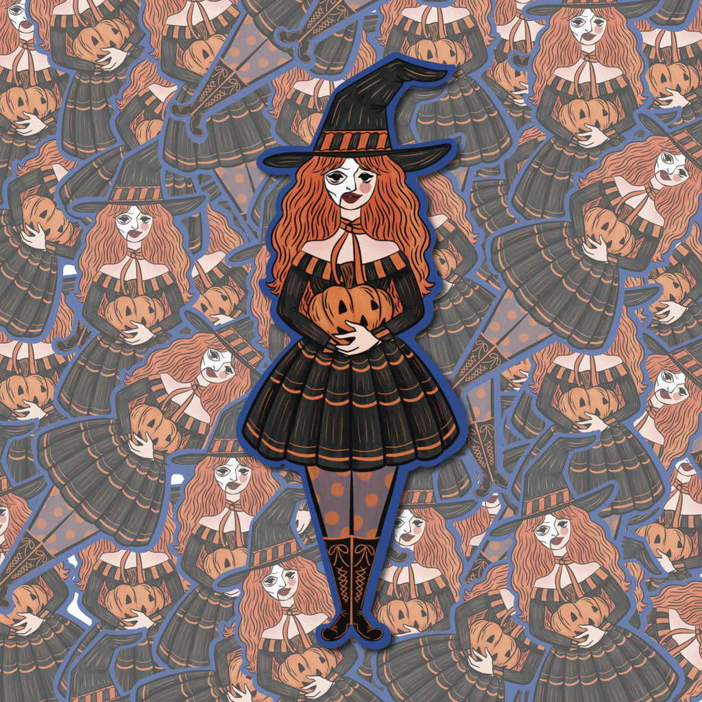 Witch Girl With Phantom of the Opera Mask Holding a Pumpkin Sticker Retro Cute Illustration made of Waterproof Matte Vinyl ST048