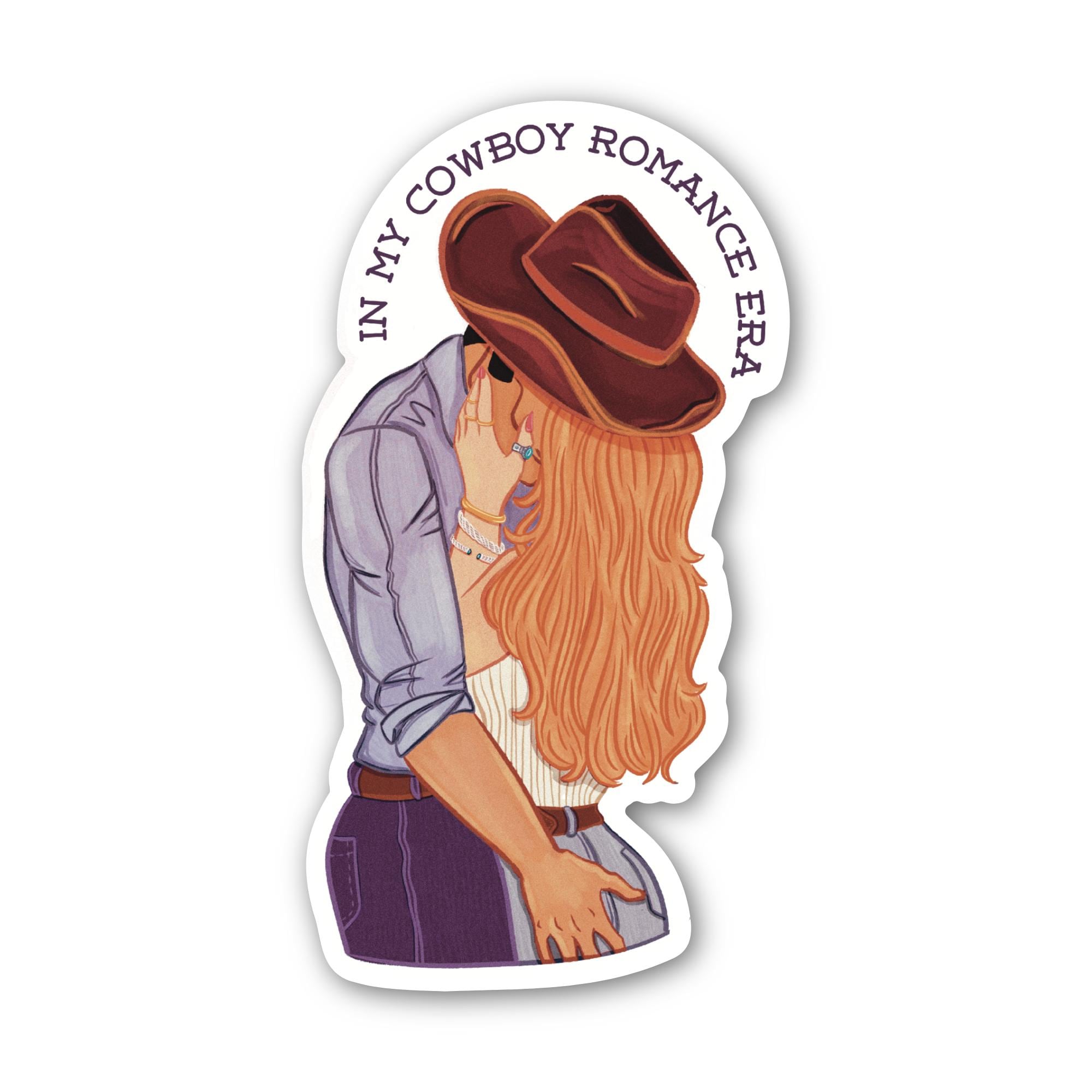Cowboy Romance Era Sticker: Illustration of a Cowboy and Woman kissing and embracing Booktok Girlie Gift Waterproof Matte Vinyl Decal ST137