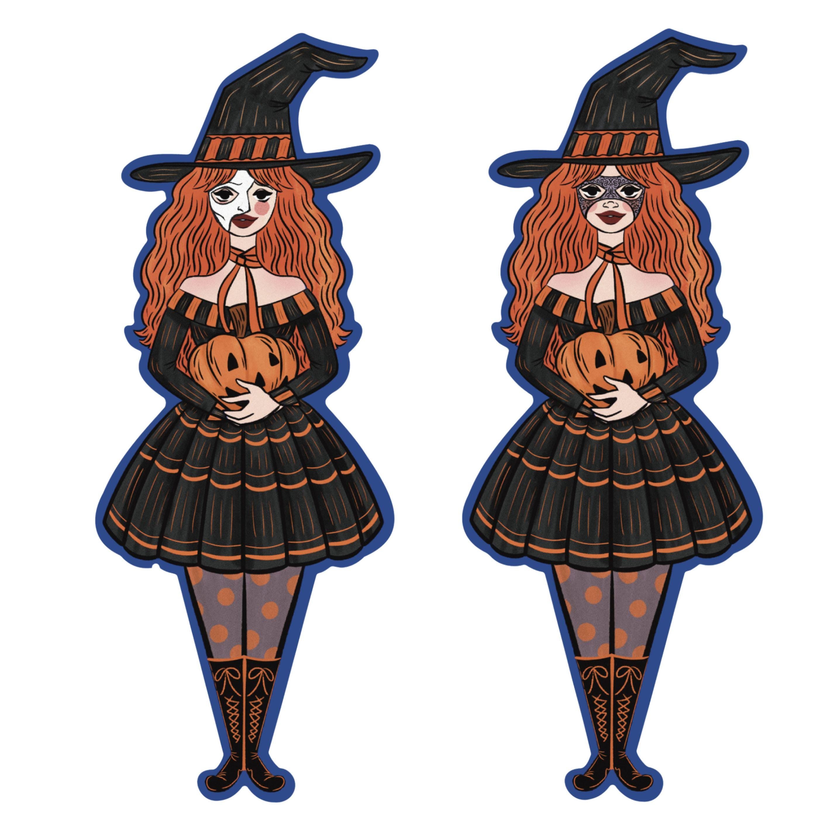 Witch Girl With Phantom of the Opera Mask Holding a Pumpkin Sticker Retro Cute Illustration made of Waterproof Matte Vinyl ST048