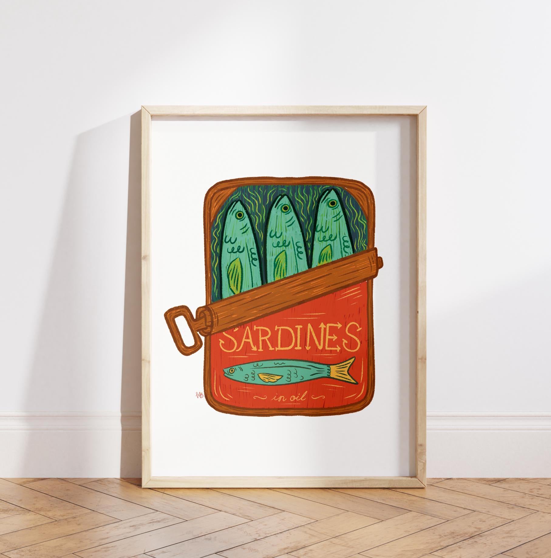 Sardines in a Tin Art Print Retro Fish Kitchen Decor Quirky Wall Art Food Illustration Instant Printable Vintage Pantry Aesthetic Artwork
