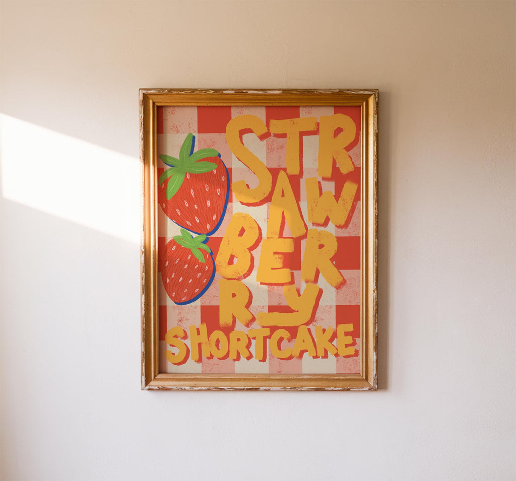 Strawberry Shortcake Kitchen Art Print Retro Printable Wall Art Gingham Fruit Poster Cute Dessert for Playful Kitchen Decor Instant Download