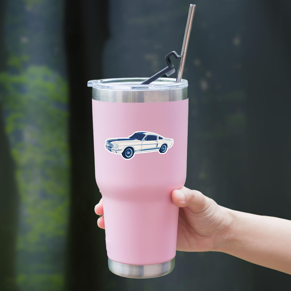 1967 Mustang Coupe Sticker: Blue Racing Stripes, Classic Car Art Race Car Enthusiast Illustration Waterproof Matte Vinyl Decal ST133