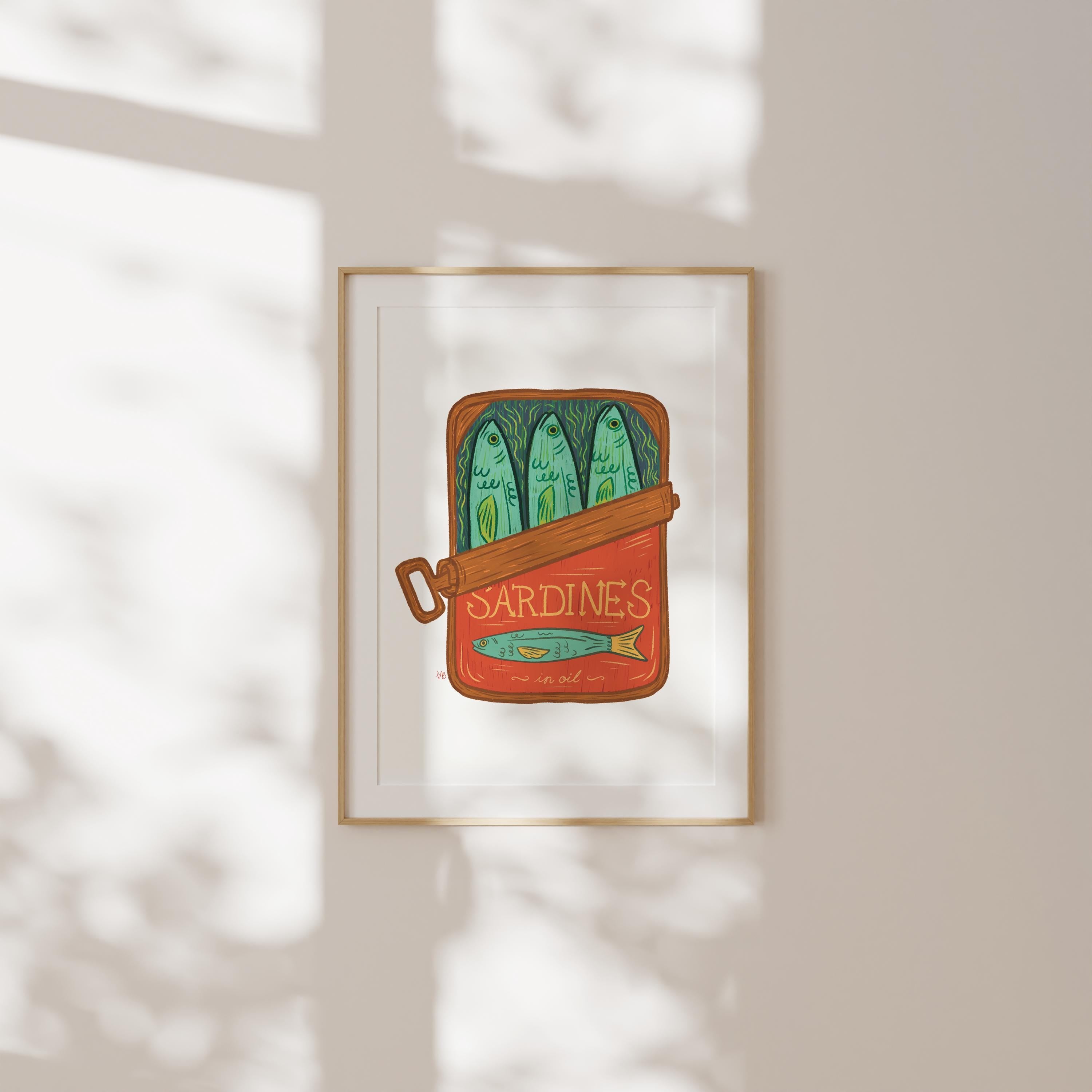 Sardines in a Tin Art Print Retro Fish Kitchen Decor Quirky Wall Art Food Illustration Instant Printable Vintage Pantry Aesthetic Artwork
