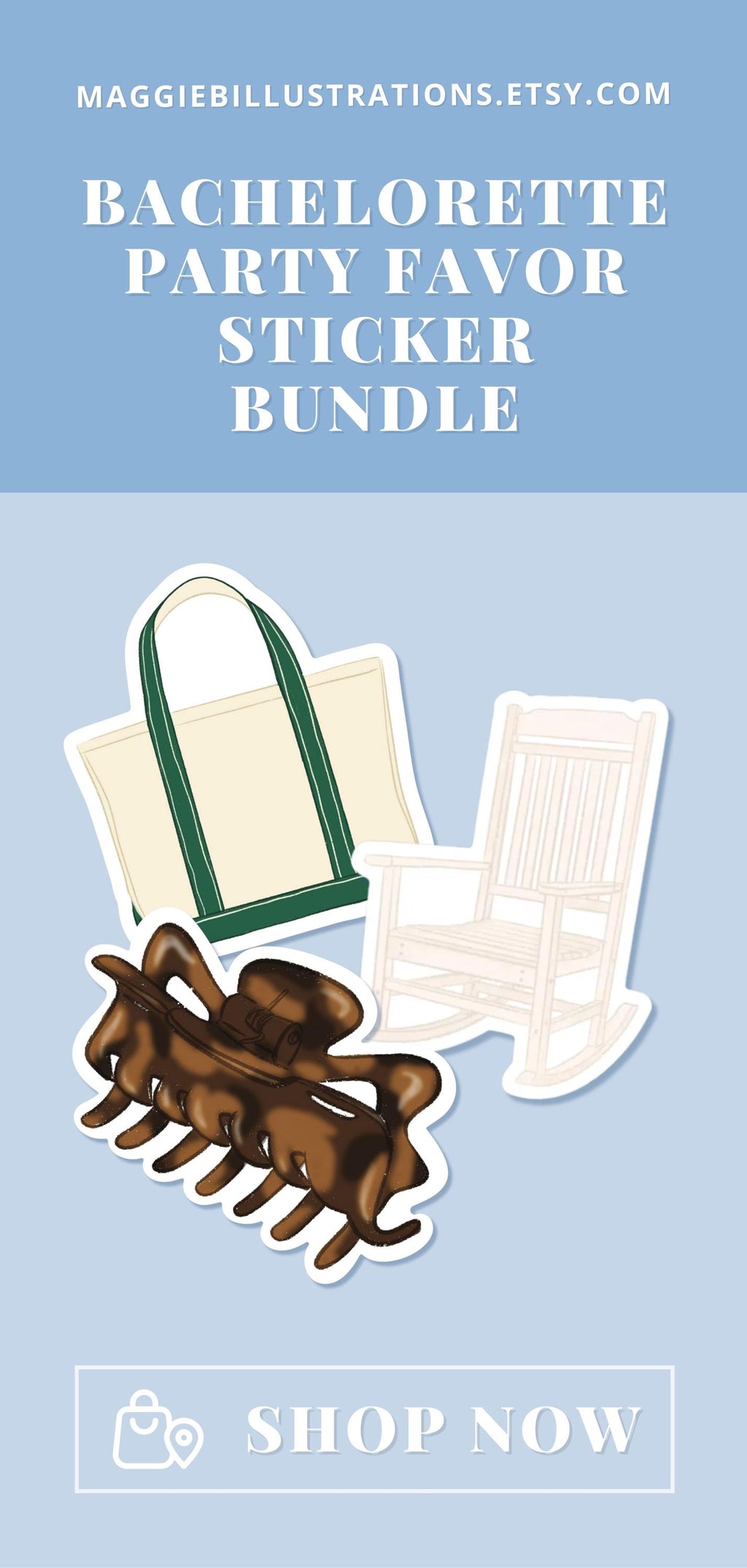 Bachelorette Party Favor Sticker Bundle Tortoise Shell Claw Clip Canvas Tote Bag Rocking Chair Illustrated Decal for Journal Scrapbooking