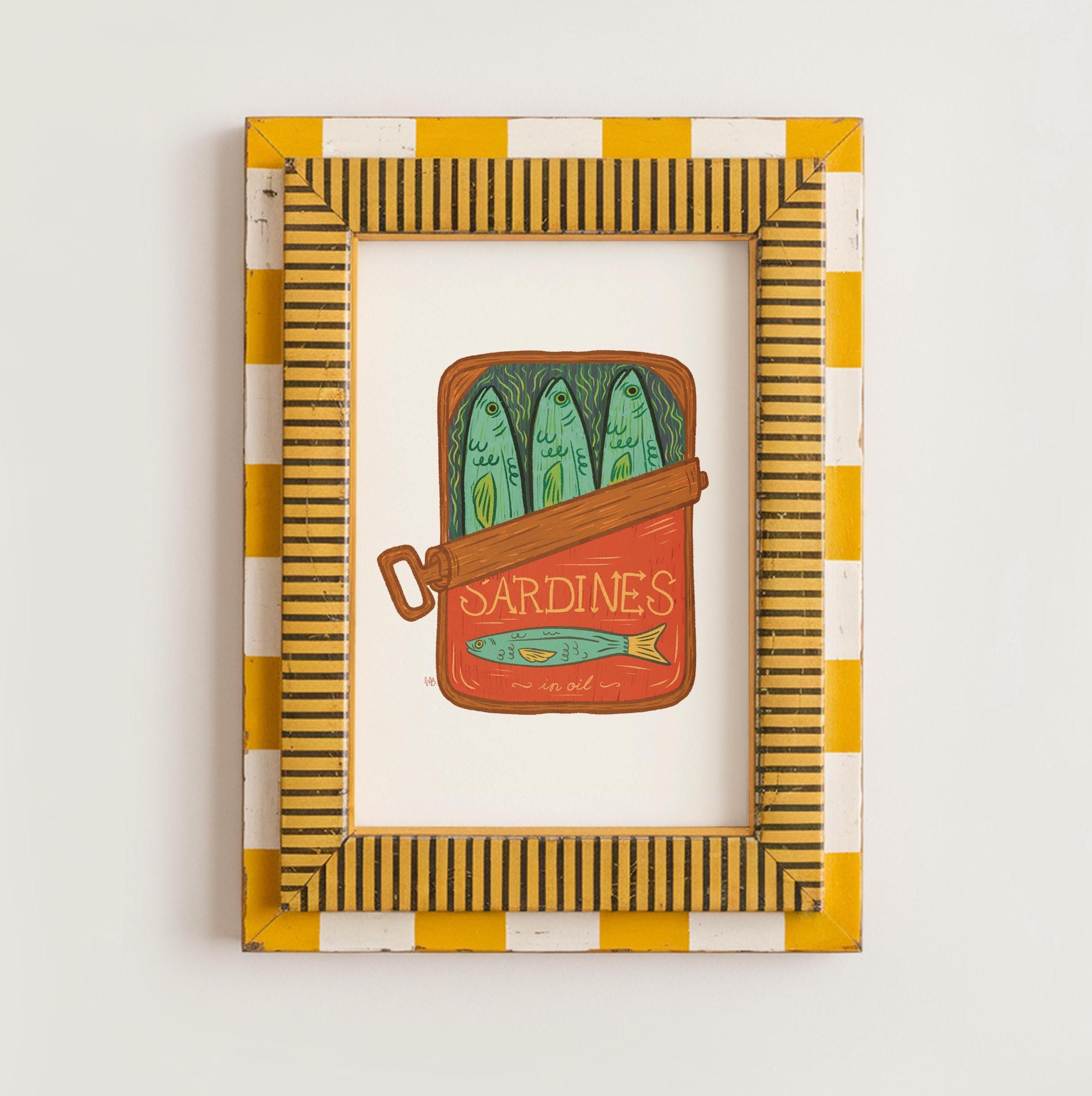 Sardines in a Tin Art Print Retro Fish Kitchen Decor Quirky Wall Art Food Illustration Instant Printable Vintage Pantry Aesthetic Artwork