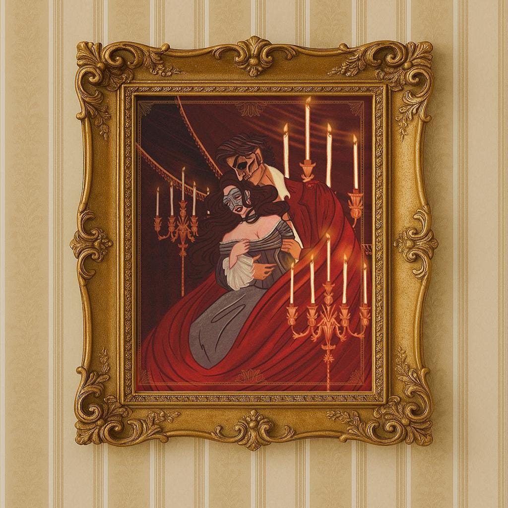 Phantom of The Opera Masquerade Art Print Instant Download for fans of victorian gothic romance illustration with lovers in candlelight art